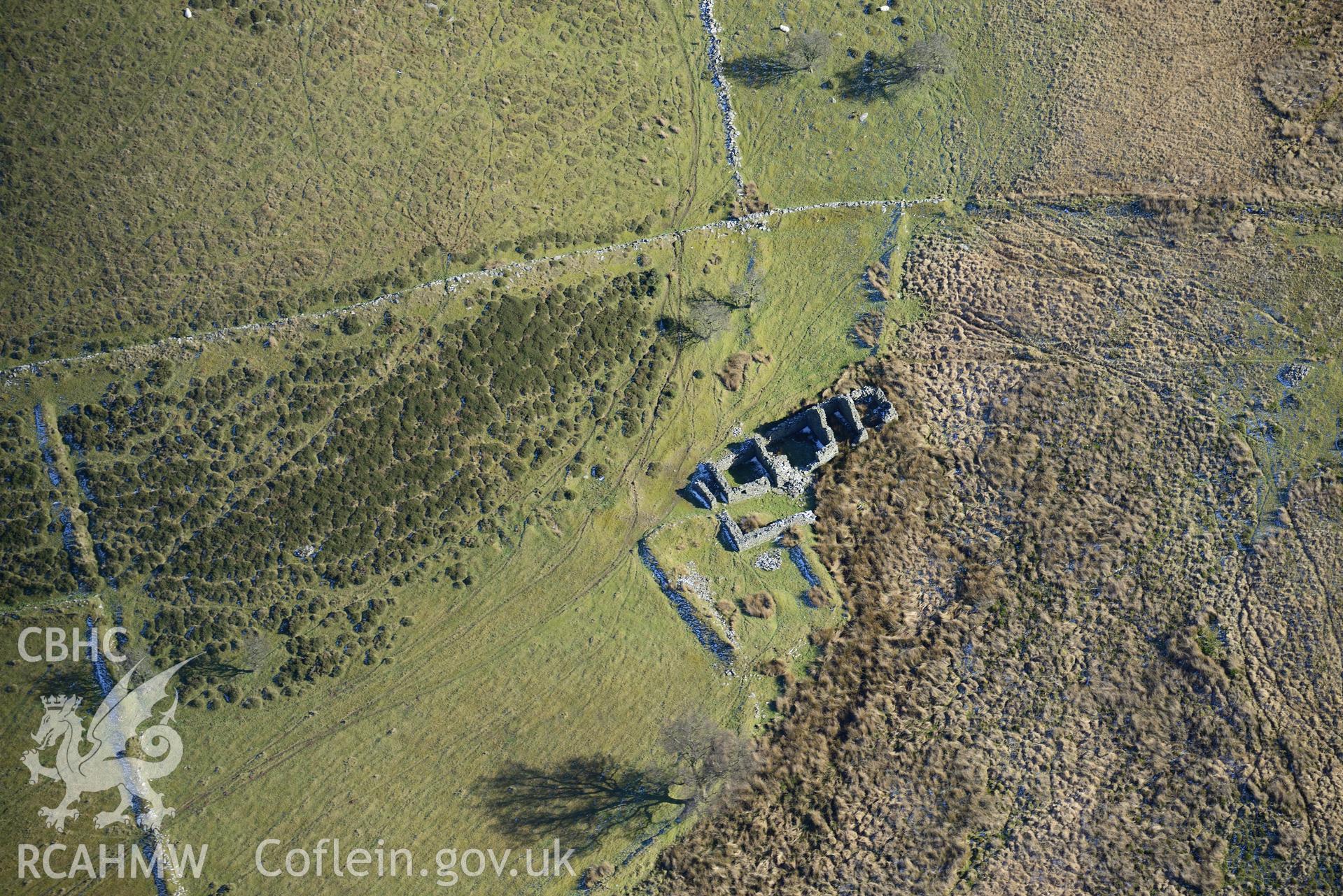 Ruins of Ochr Bryn Lloi farmhouse, east of Tregaron. Oblique aerial photograph taken during the Royal Commission's programme of archaeological aerial reconnaissance by Toby Driver on 4th February 2015.