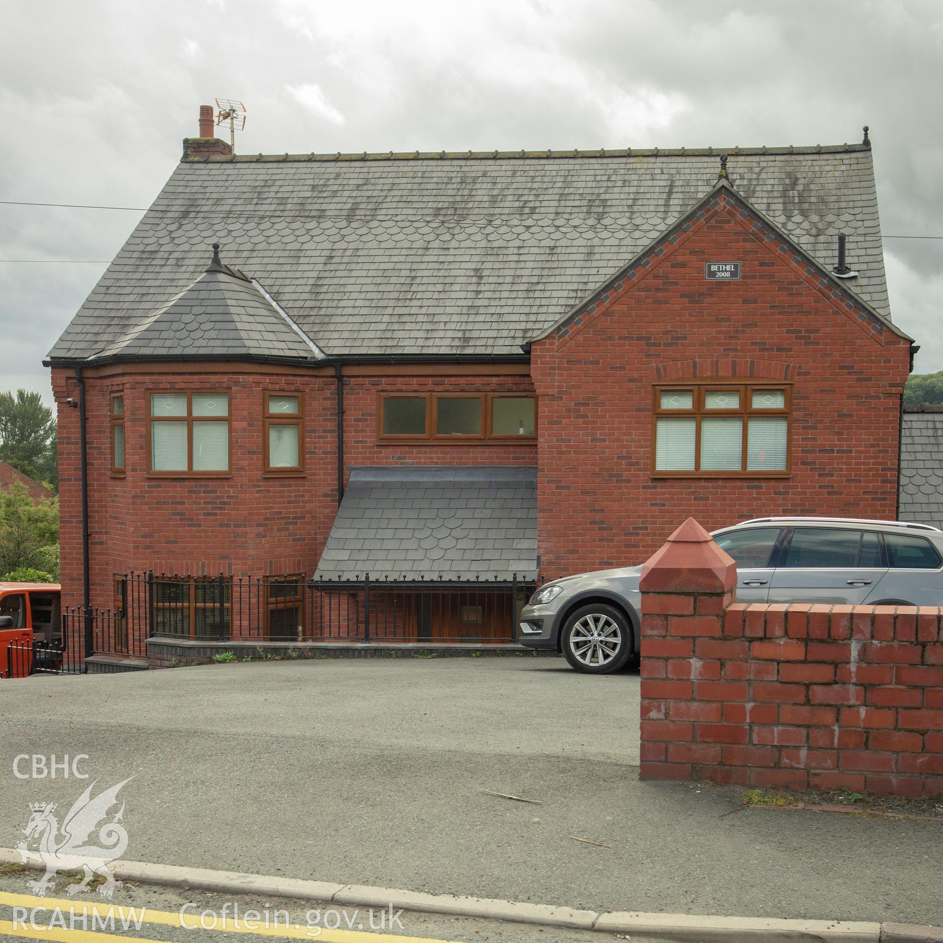 Colour photograph showing side elevation of Bethel English Baptist Chapel, Hill Street, Cefn-mawr. Photographed by Richard Barrett on 15th September 2018.