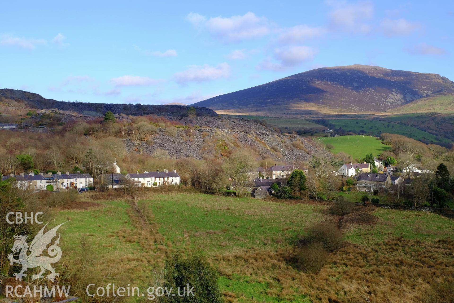 Colour photograph showing view of Nantlle village looking east towards Snowdon, produced by Richard Hayman 9th February 2017