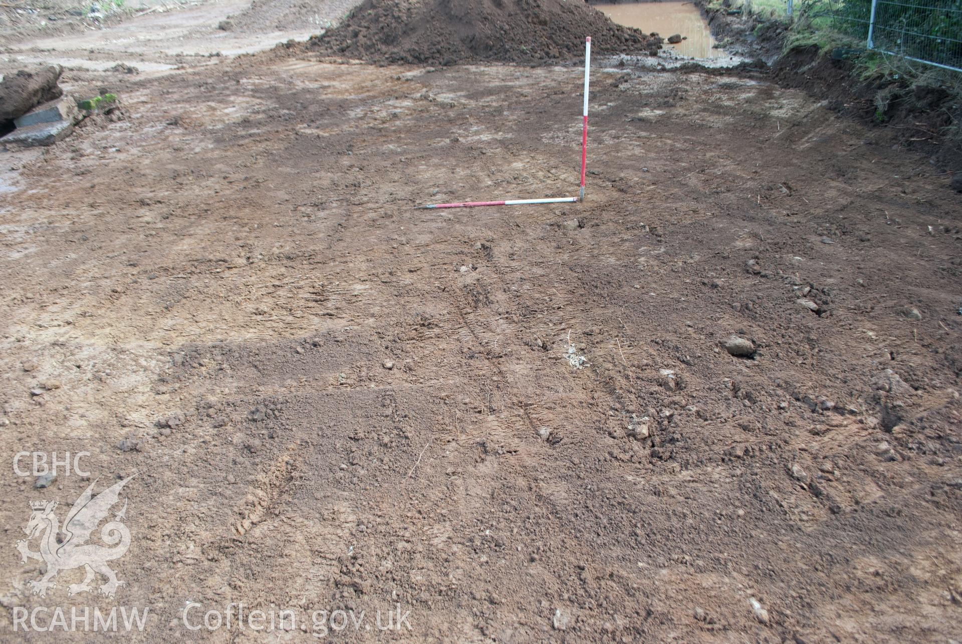 Machined south west corner of the site, viewed from the south west. Photographed by Gwynedd Archaeological Trust during archaeological watching brief at Pen-yr-Orsedd, Llangefni industrial estate, on 7th March 2018.