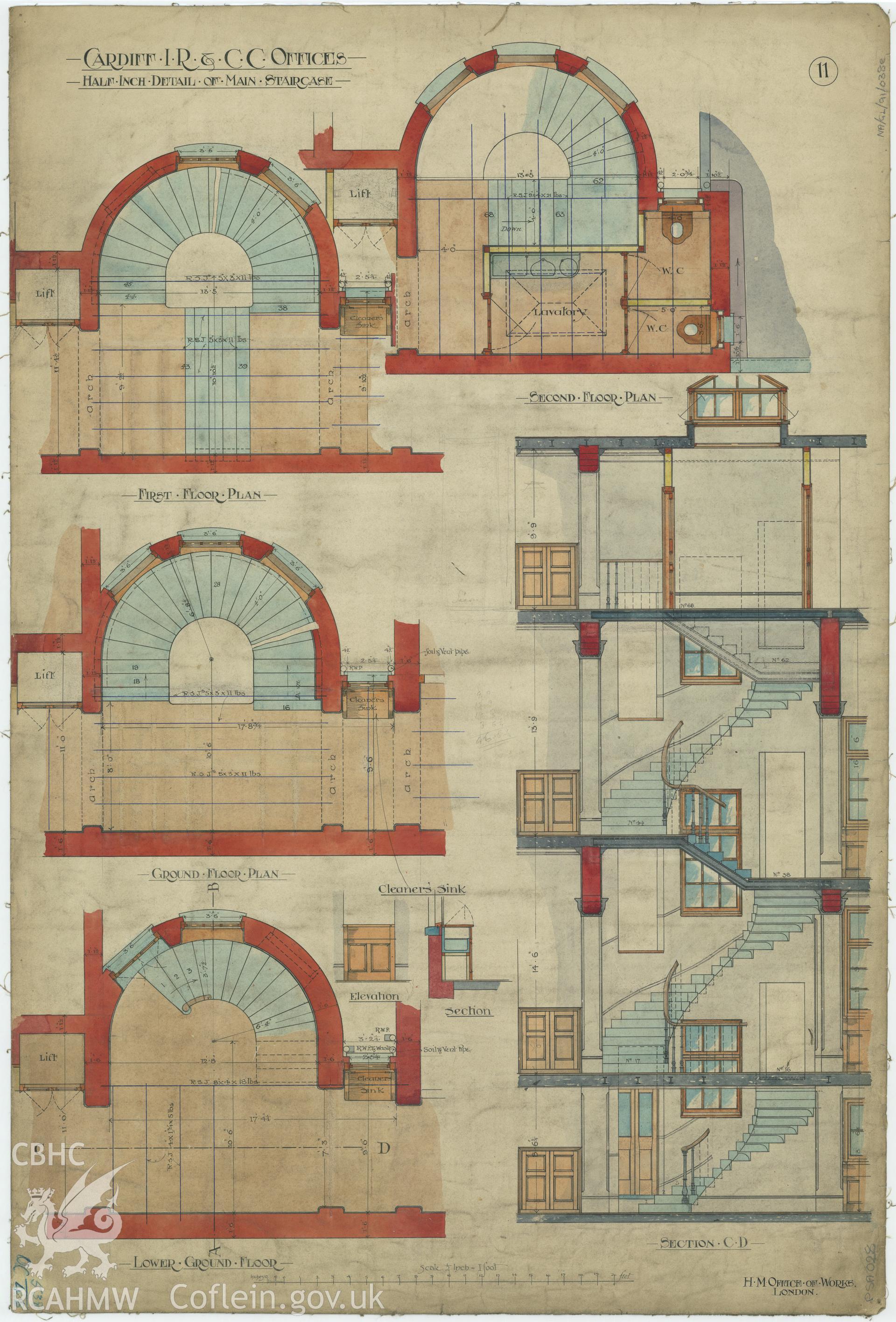 Digital copy of Cardiff Inland Revenue and County Court Offices; measured drawing showing detail of the main staircase, produced by H.M. Office of Works,  undated.