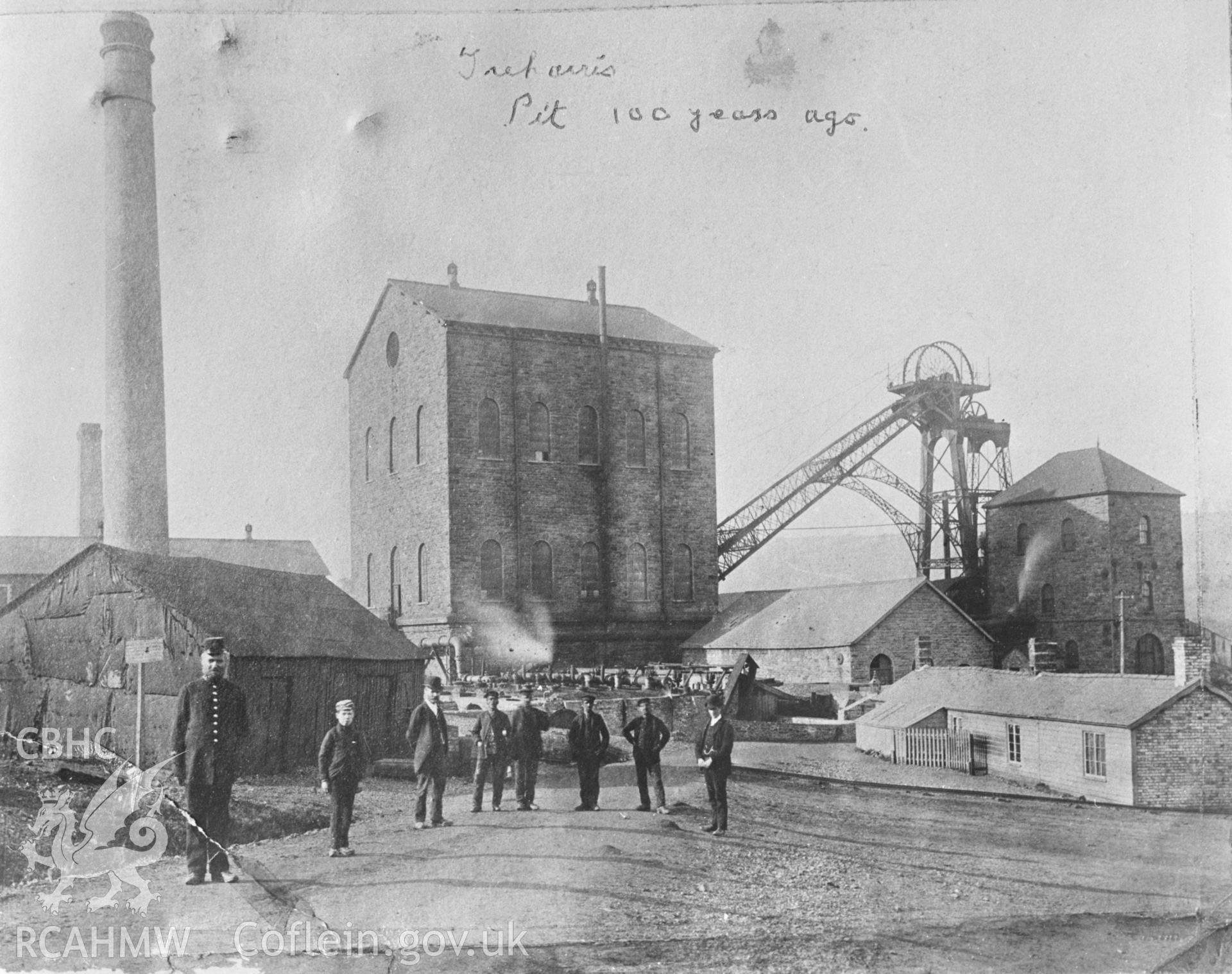 Digital copy of an acetate negative showing group of officials and colliers at Ocean Deep Navigation Colliery from the John Cornwell Collection.