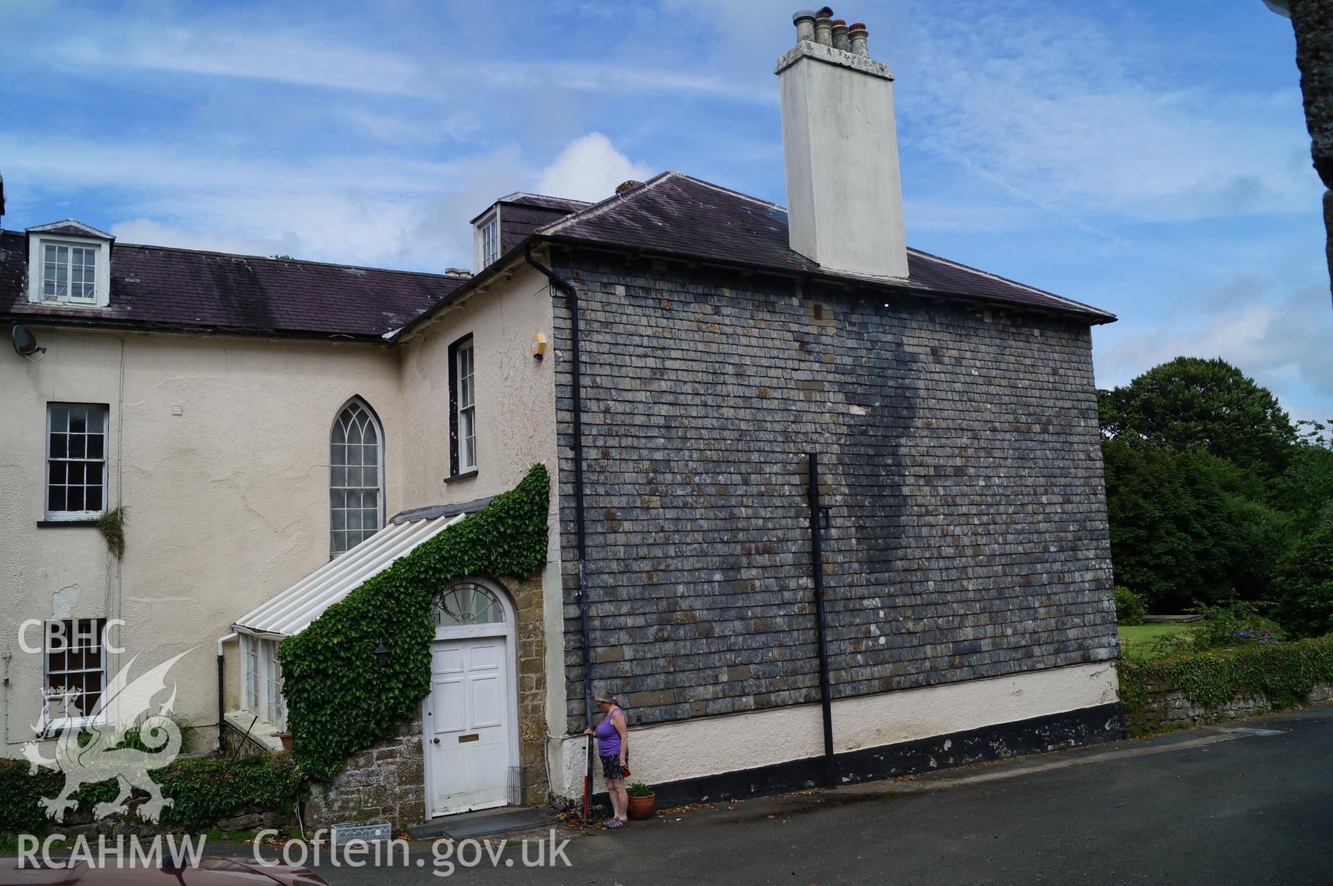 View 'looking north northeast at the southwest face of Robeston House, and the porch to be demolished.' Photograph and description by Jenny Hall and Paul Sambrook of Trysor, 22nd June 2017.