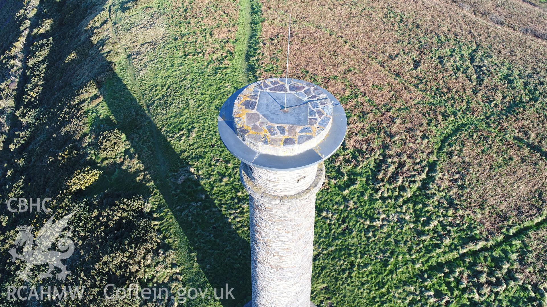 CHERISH Project DJI drone photo survey of Pen Dinas Hillfort and the Wellington Monument. ? Crown: CHERISH PROJECT 2017. Produced with EU funds through the Ireland Wales Co-operation Programme 2014-2020. All material made freely available through the Open Government Licence.