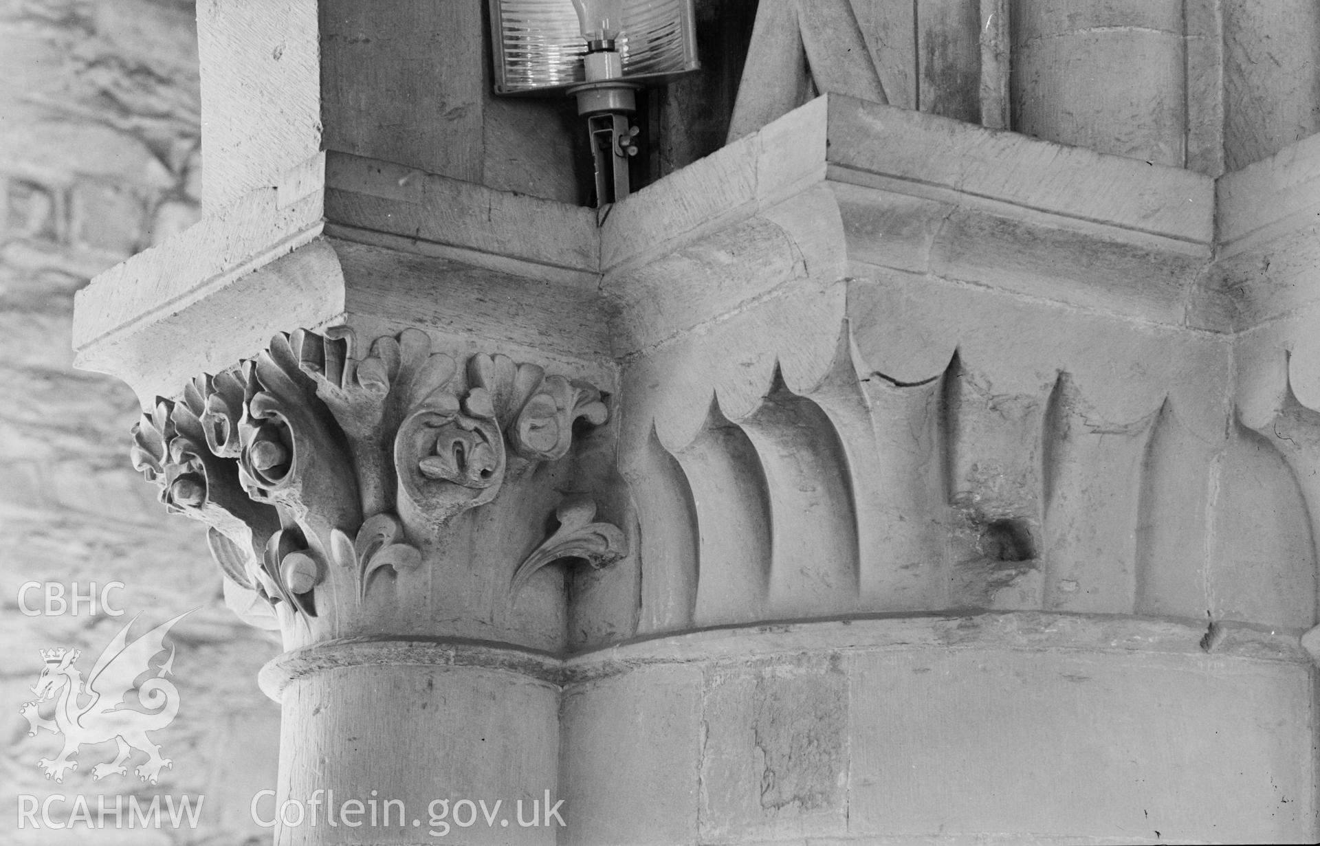 Digital copy of a black and white acetate negative showing detail view of capital at St. David's Cathedral, taken by E.W. Lovegrove, July 1936.