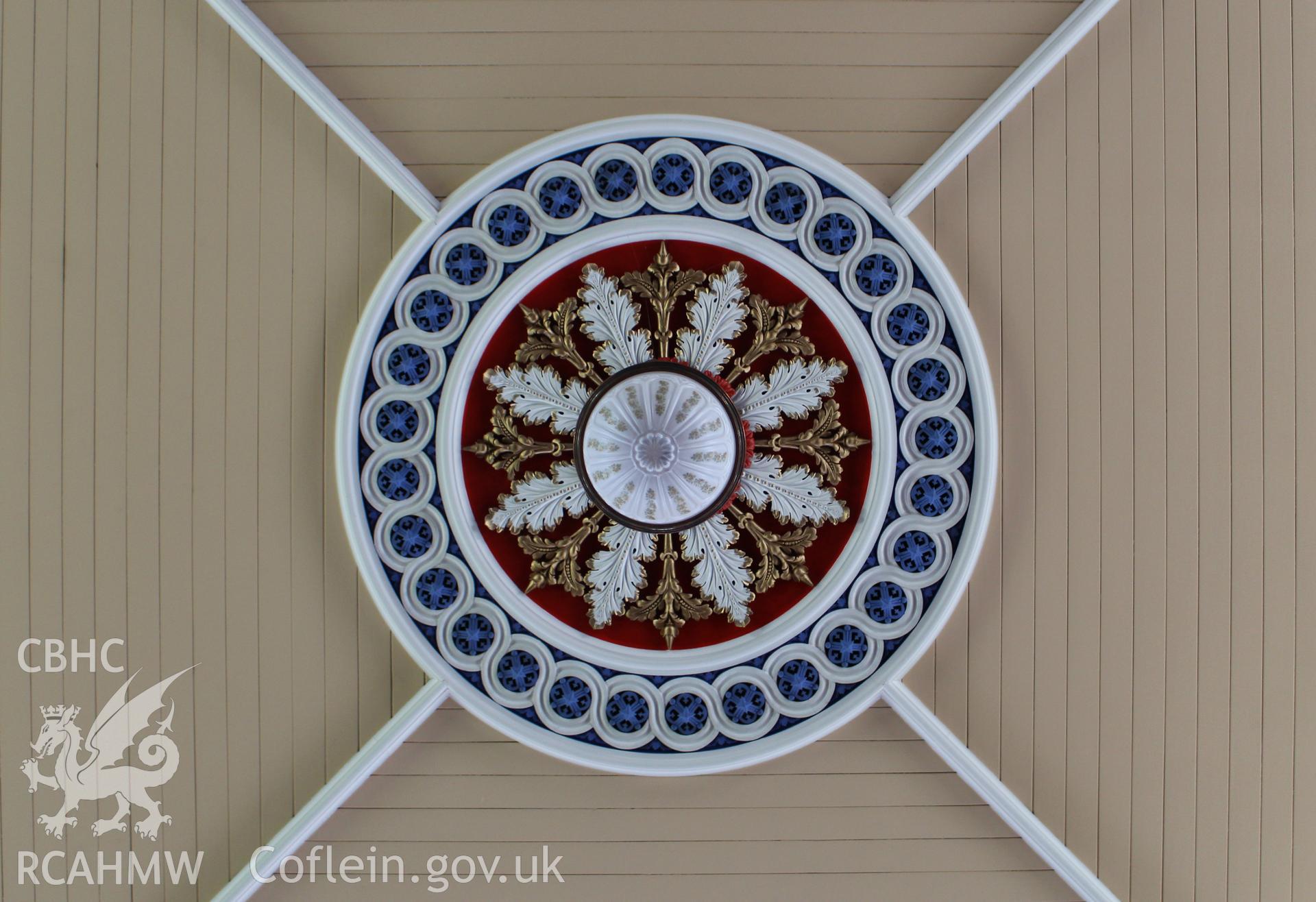 Interior view of ceiling detail. Photographic survey of Seion Welsh Baptist Chapel, Morriston, conducted by Sue Fielding on 13th May 2017.