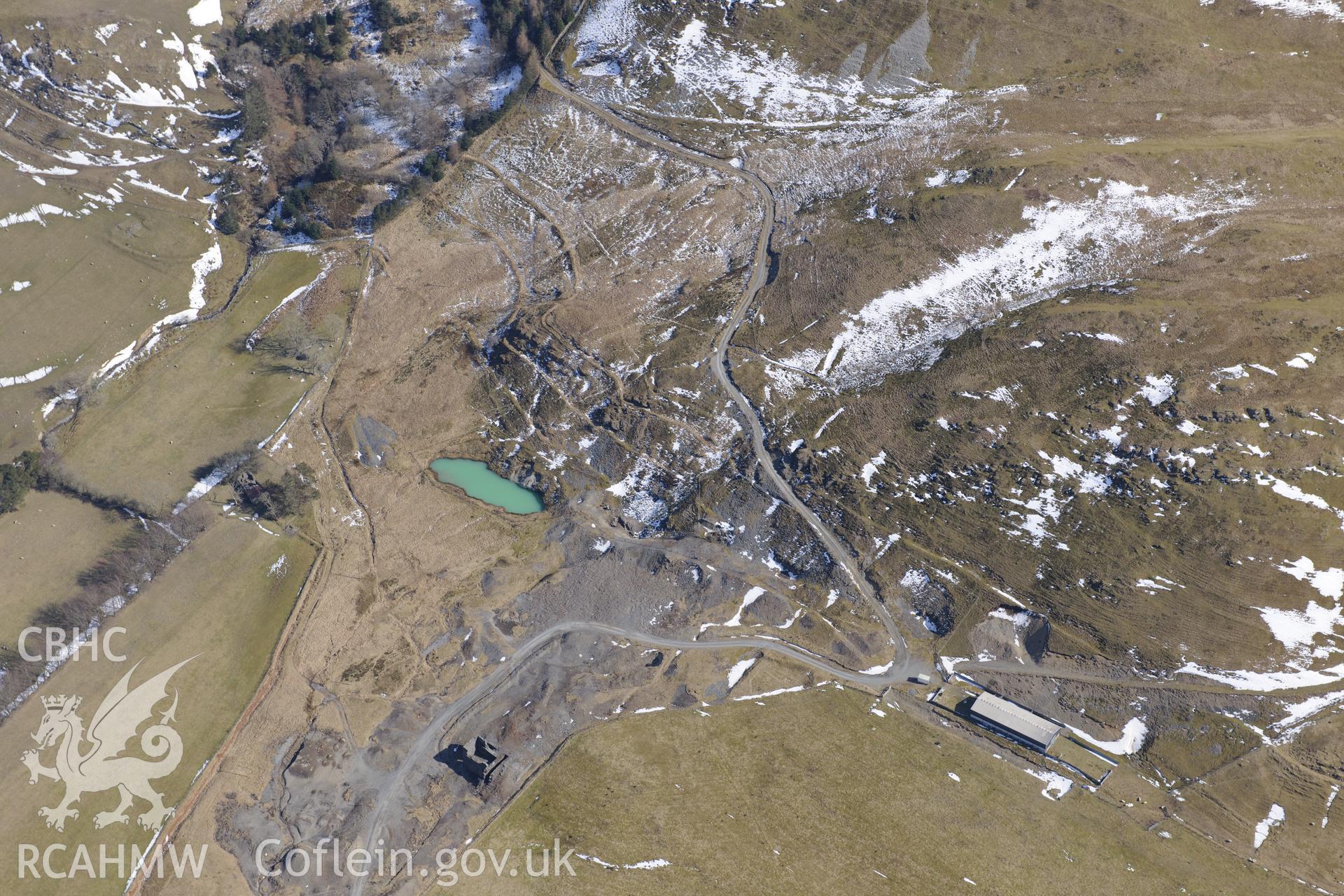 Castell Mine, between Aberystwyth and Llangurig. Oblique aerial photograph taken during the Royal Commission's programme of archaeological aerial reconnaissance by Toby Driver on 2nd April 2013.