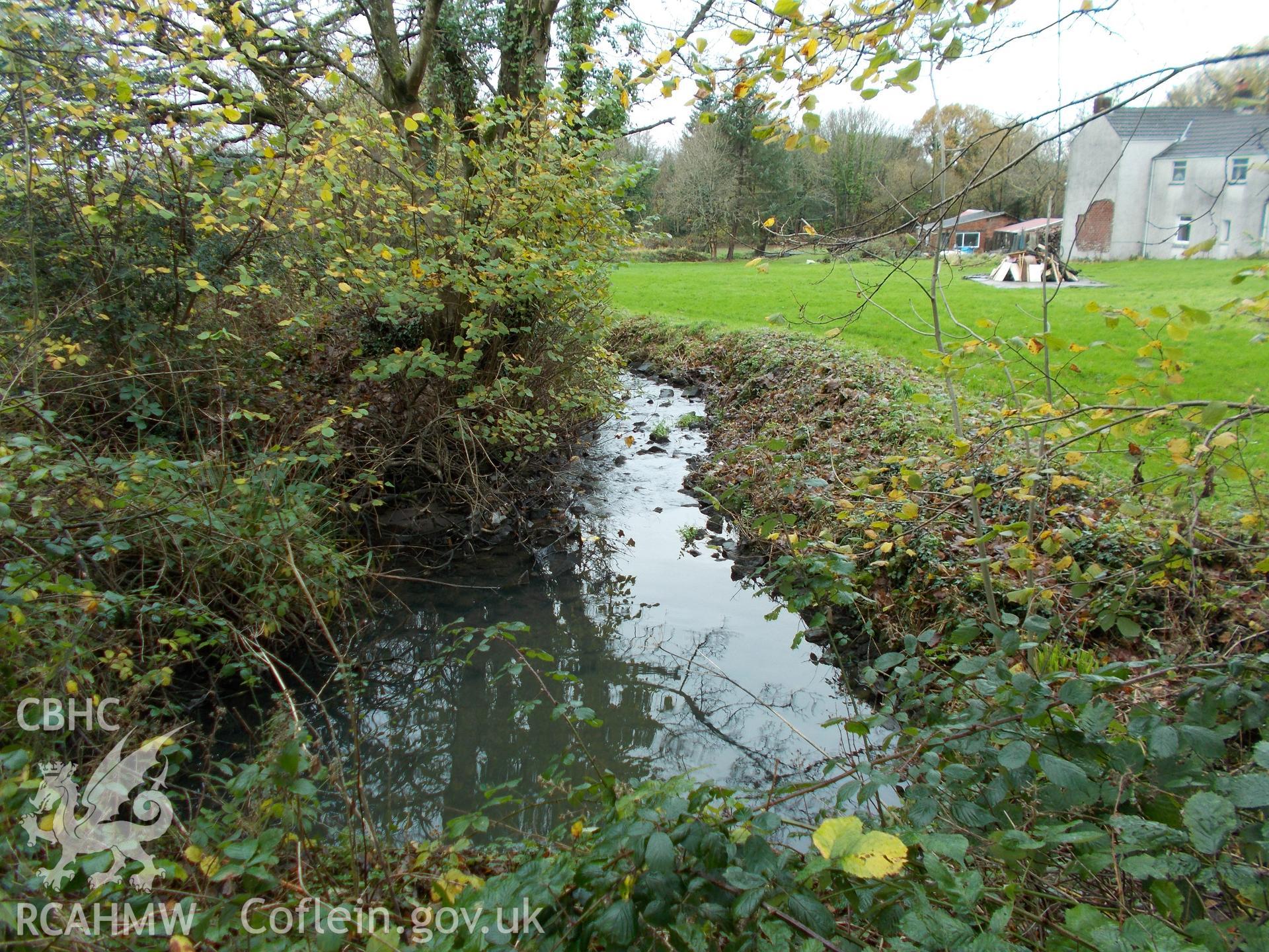 View north west. Outflow of storm drain and stream past Pentre Bach to the north of site. Photographed as part of the desk based assessment of Heol Pentre Bach, Gorseinon, conducted by Archaeology Wales in 2015.