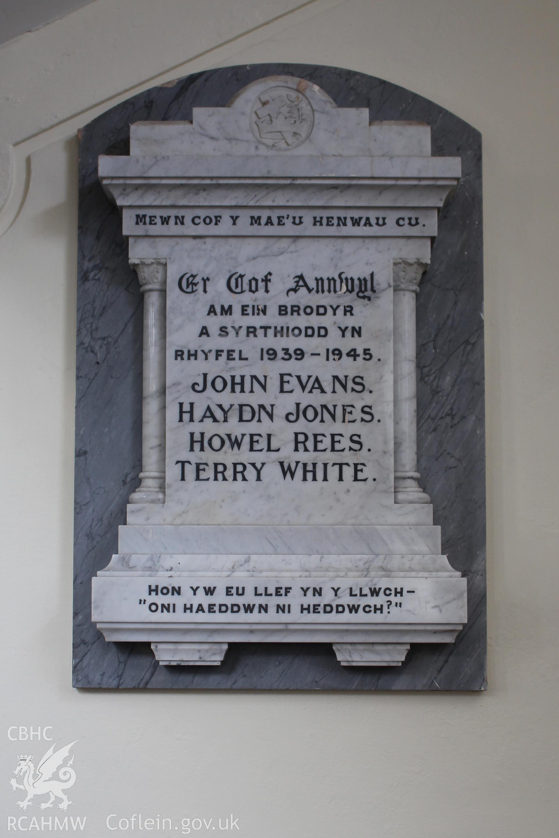 Colour photograph showing detail of memorial stone dedicated to members of Mynydd Bach Independent Chapel who died during the Second World War. Taken during photographic survey conducted by Sue Fielding on 13th May 2017.