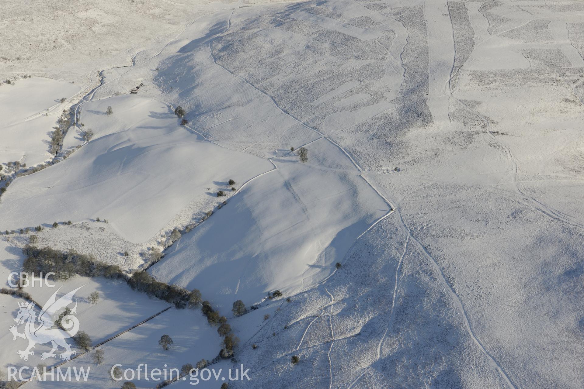 Site of the Red Hill cross ridge dyke, Painscastle, east of Builth Wells. Oblique aerial photograph taken during the Royal Commission?s programme of archaeological aerial reconnaissance by Toby Driver on 15th January 2013.