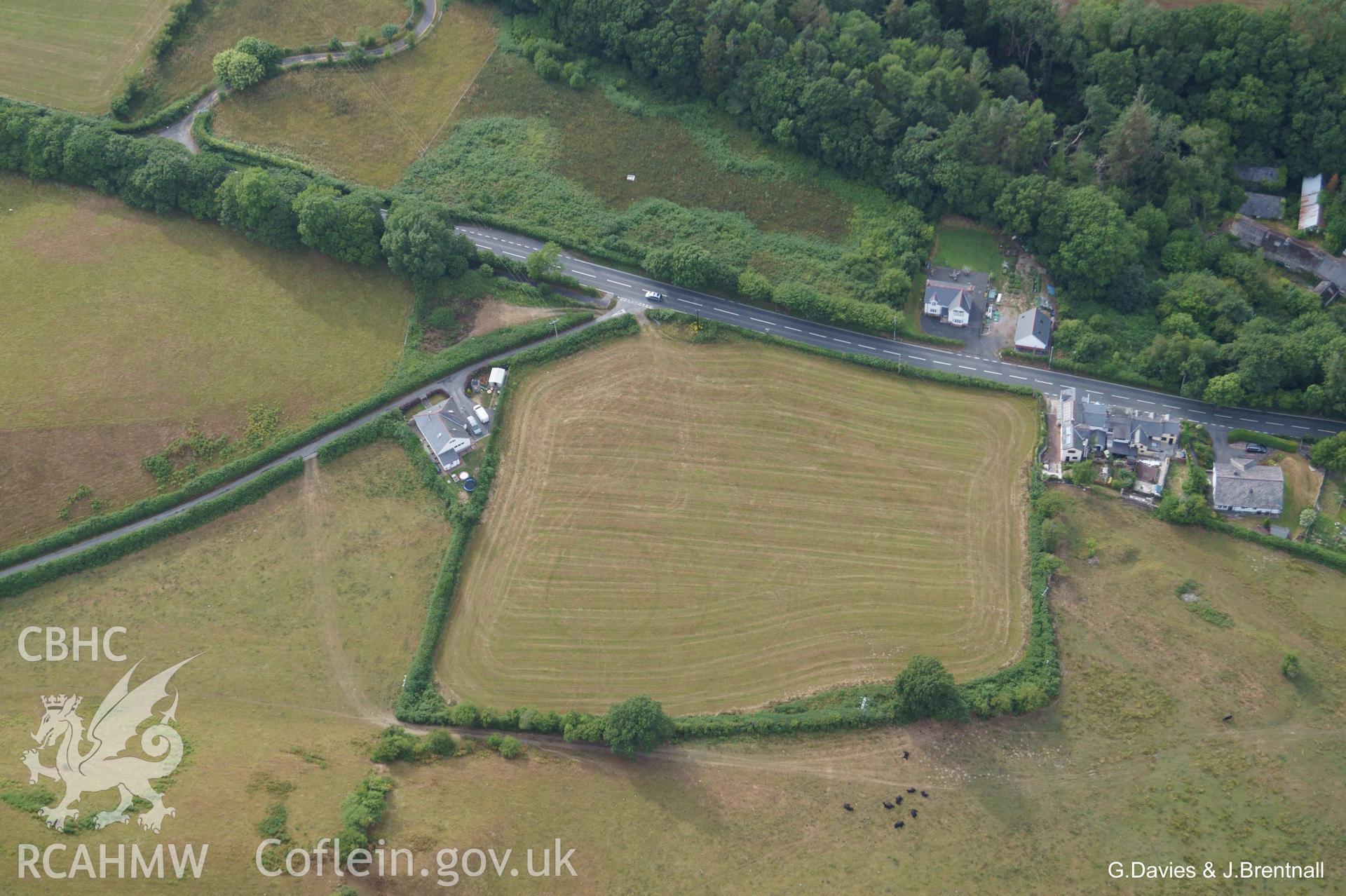 Aerial photograph of cropmarks on the south western outskirts of Talybont, taken by Glyn Davies and Jonathan Brentnall on 21st July 2018 under drought conditions.