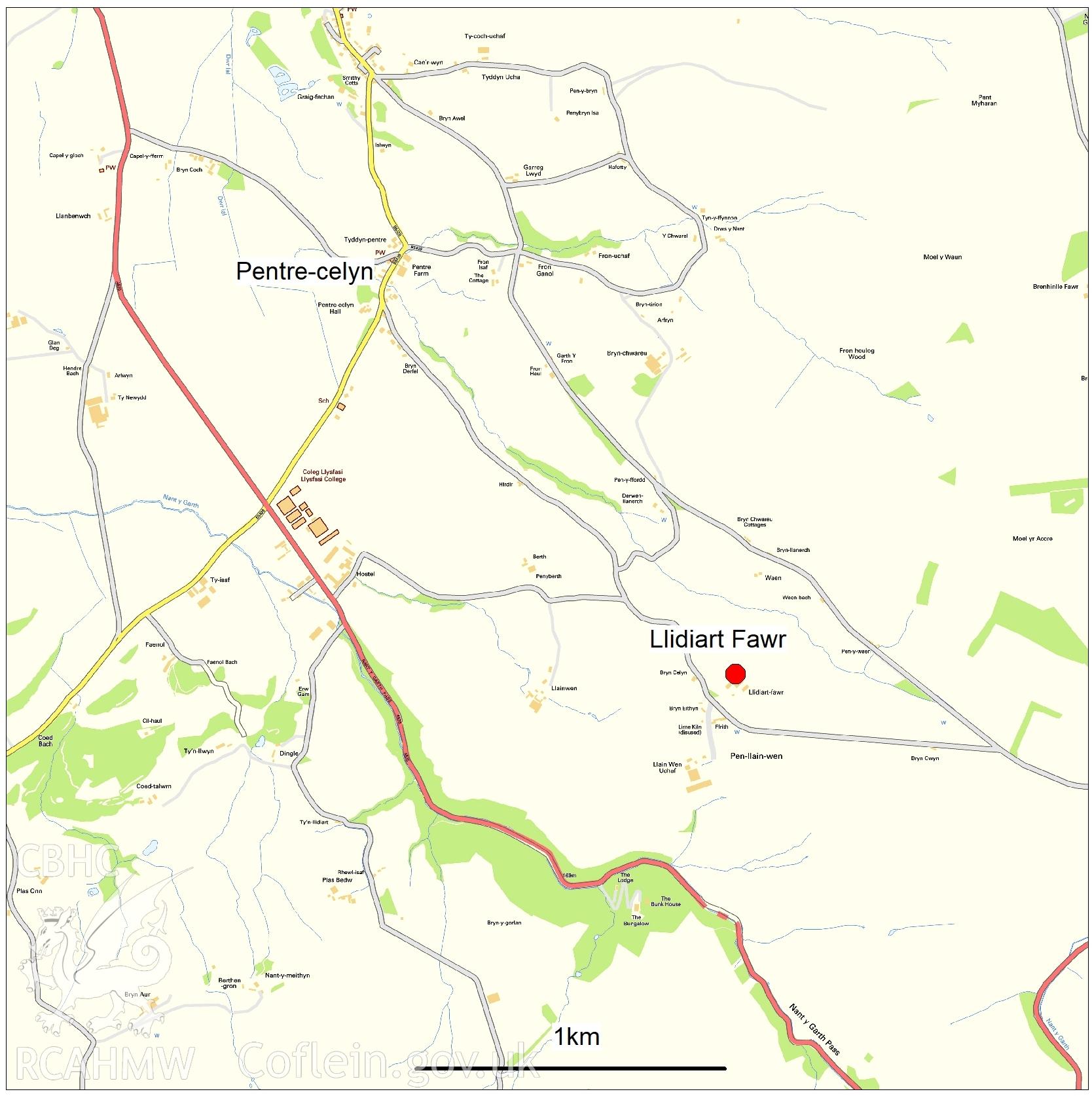Modern map of area around Llidiart Fawr, Denbighshire. Used as report illustration for CPAT Project 2350: Llidiart Fawr, Pentrecelyn, Ruthin - Archaeological Building Survey, 2018. Report no. 1644.