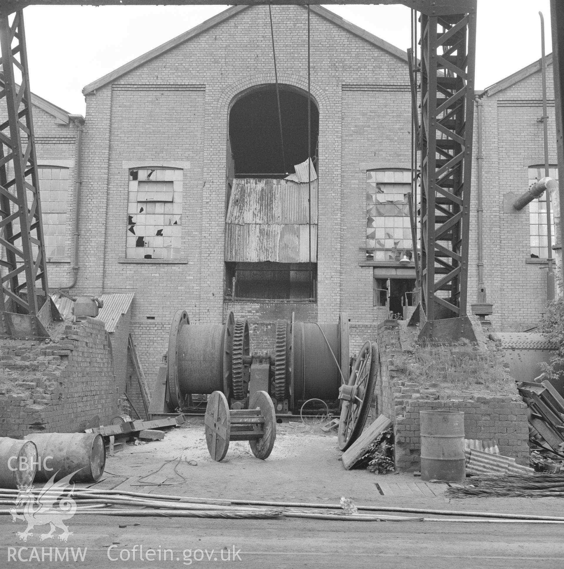 Digital copy of an acetate negative showing winding drums at Blaenant Colliery, from the John Cornwell Collection.