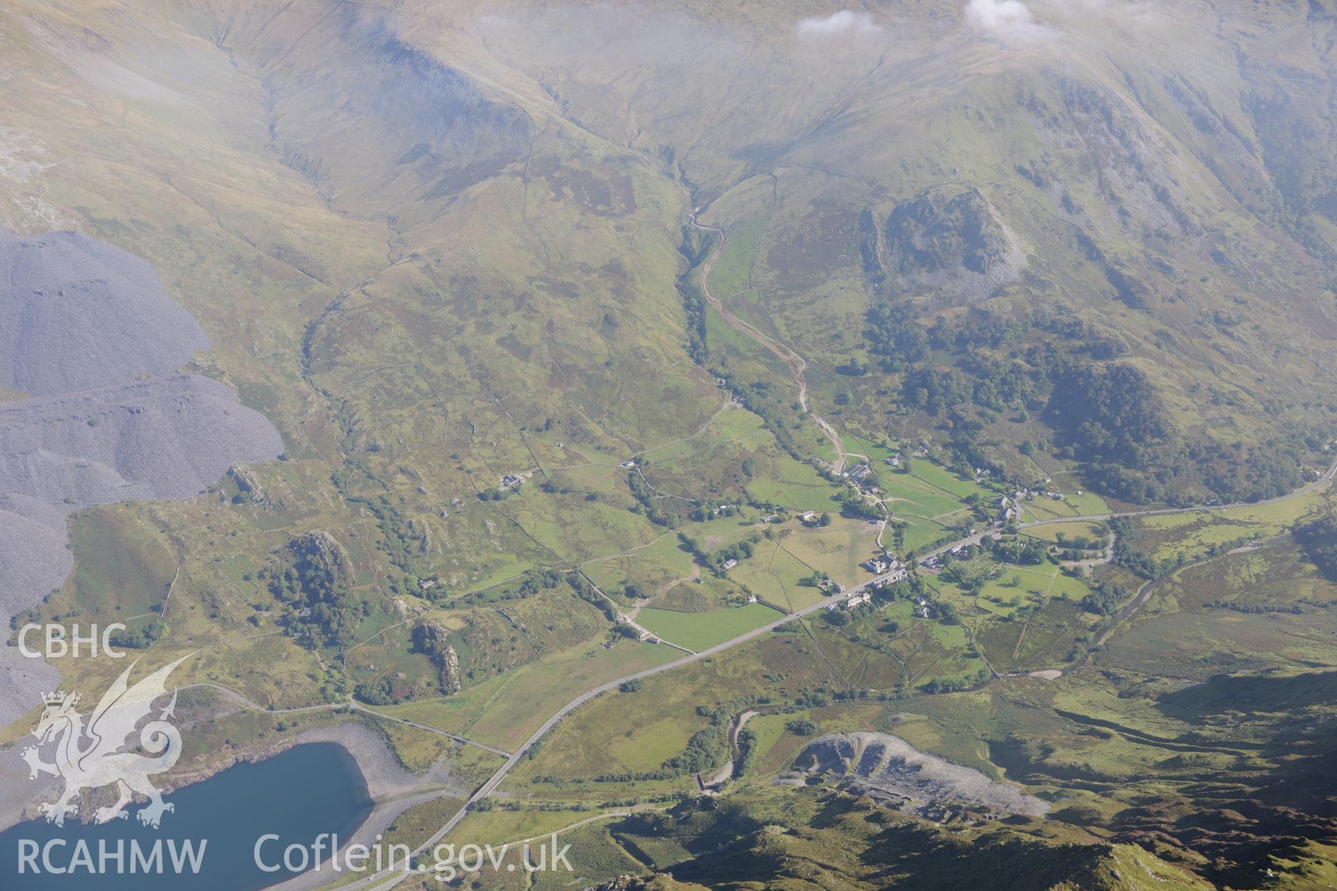 Dinorwic slate quarry and Llyn Peris Reservoir, Llanberis, and Gallt-y-Llan slate quarry, Nant Peris. Oblique aerial photograph taken during the Royal Commission's programme of archaeological aerial reconnaissance by Toby Driver on 2nd October 2015.