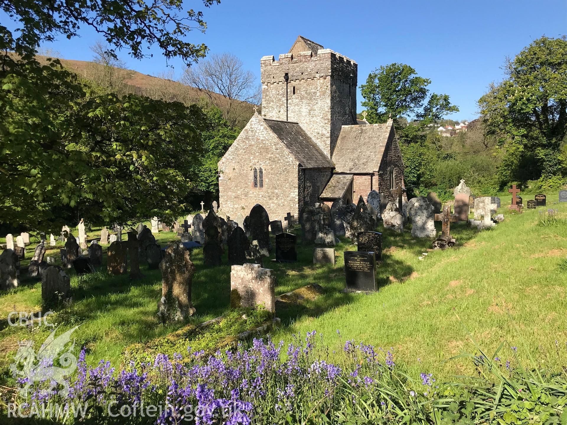 Digital colour photograph showing exterior view of St. Cadog's Church and graveyard, Cheriton, taken by Paul R. Davis on 5th May 2019.