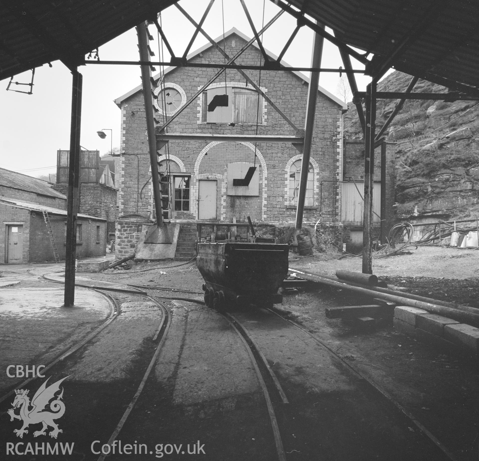 Digital copy of an acetate negative showing Blaenserchan Colliery - End view of winding engine house, from the John Cornwell Collection.