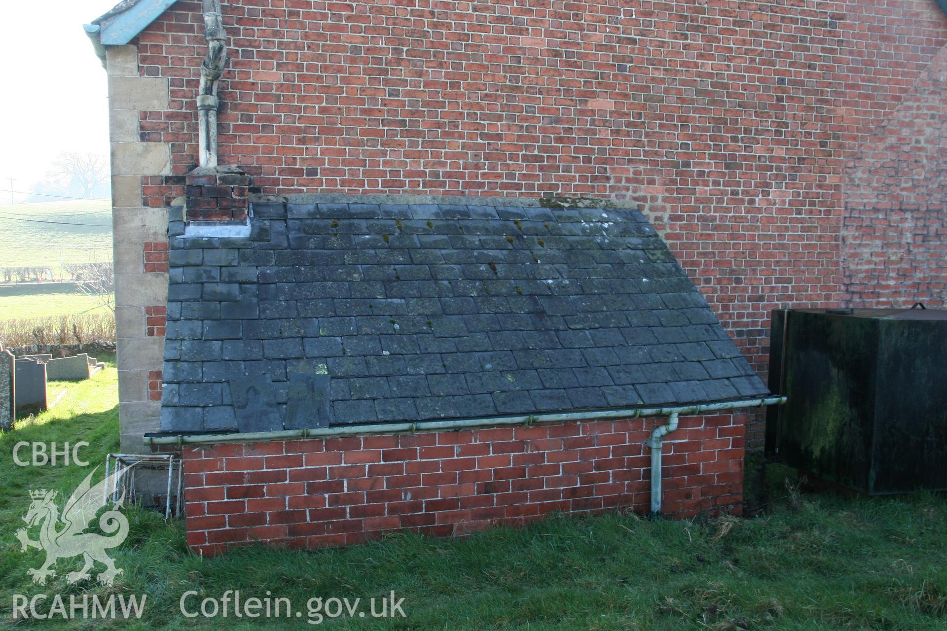 Photograph showing rear of the boiler room and red diesel tank at Llawrybettws Welsh Calvinistic Methodist chapel, Glanyrafon, Corwen. Produced by Tim Allen on 27th February 2019 to meet a condition attached to planning application.