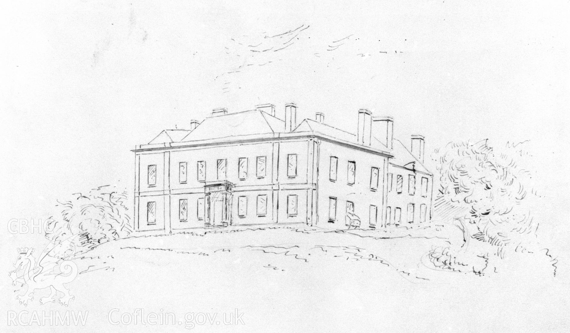 Digital copy of a photo of a sketch of Dowlais House, originally loaned for copying by Thomas Lloyd.