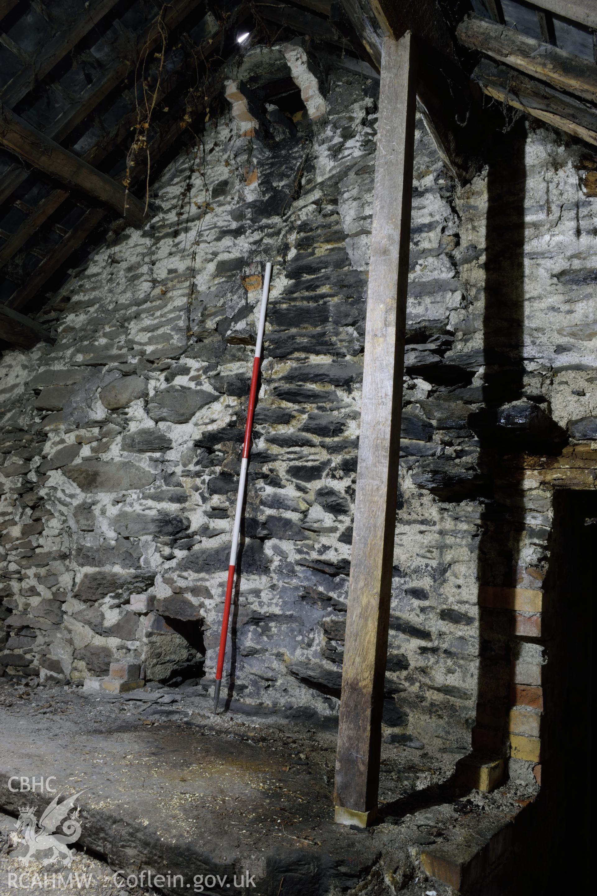 Photograph showing the south internal gable of the forge at Glascoed or Islwyn Smithy, Melin-y-Wig, Denbighshire, by I.P. Brooks of Engineering Archaeological Services Ltd. Taken on 5th April 2019.
