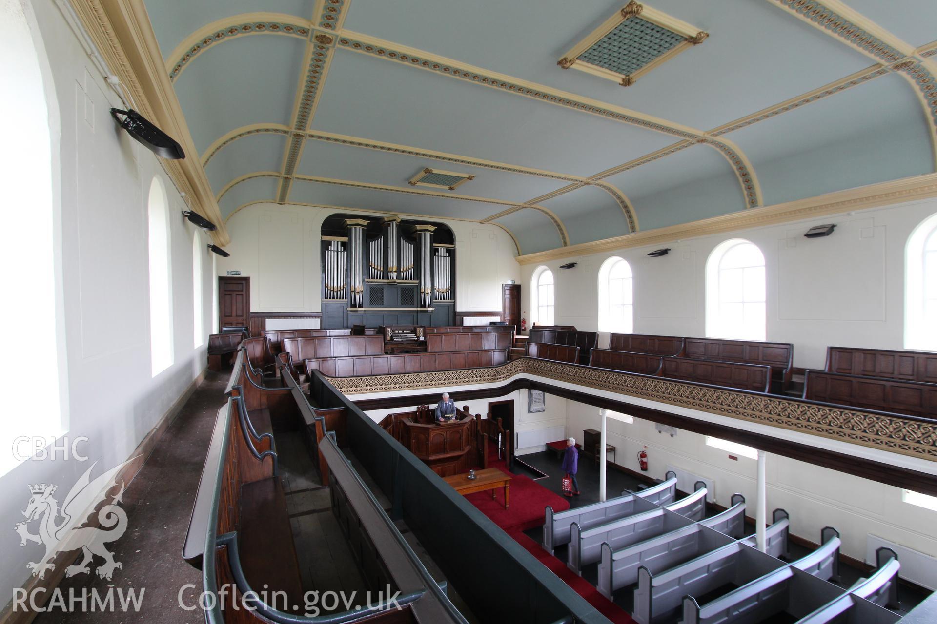Colour photograph showing interior view looking from first floor balcony towards organ at Mynydd-Bach Independent Chapel, Treboeth, Swansea. Taken during photographic survey conducted by Sue Fielding on 13th May 2017.