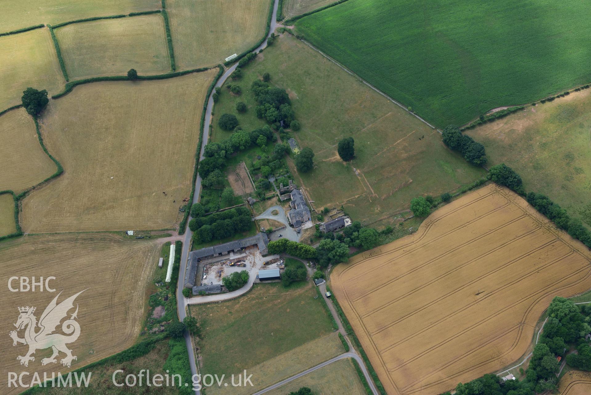 Royal Commission aerial photography of Old Gwernyfed, with parchmarks, taken on 19th July 2018 during the 2018 drought.