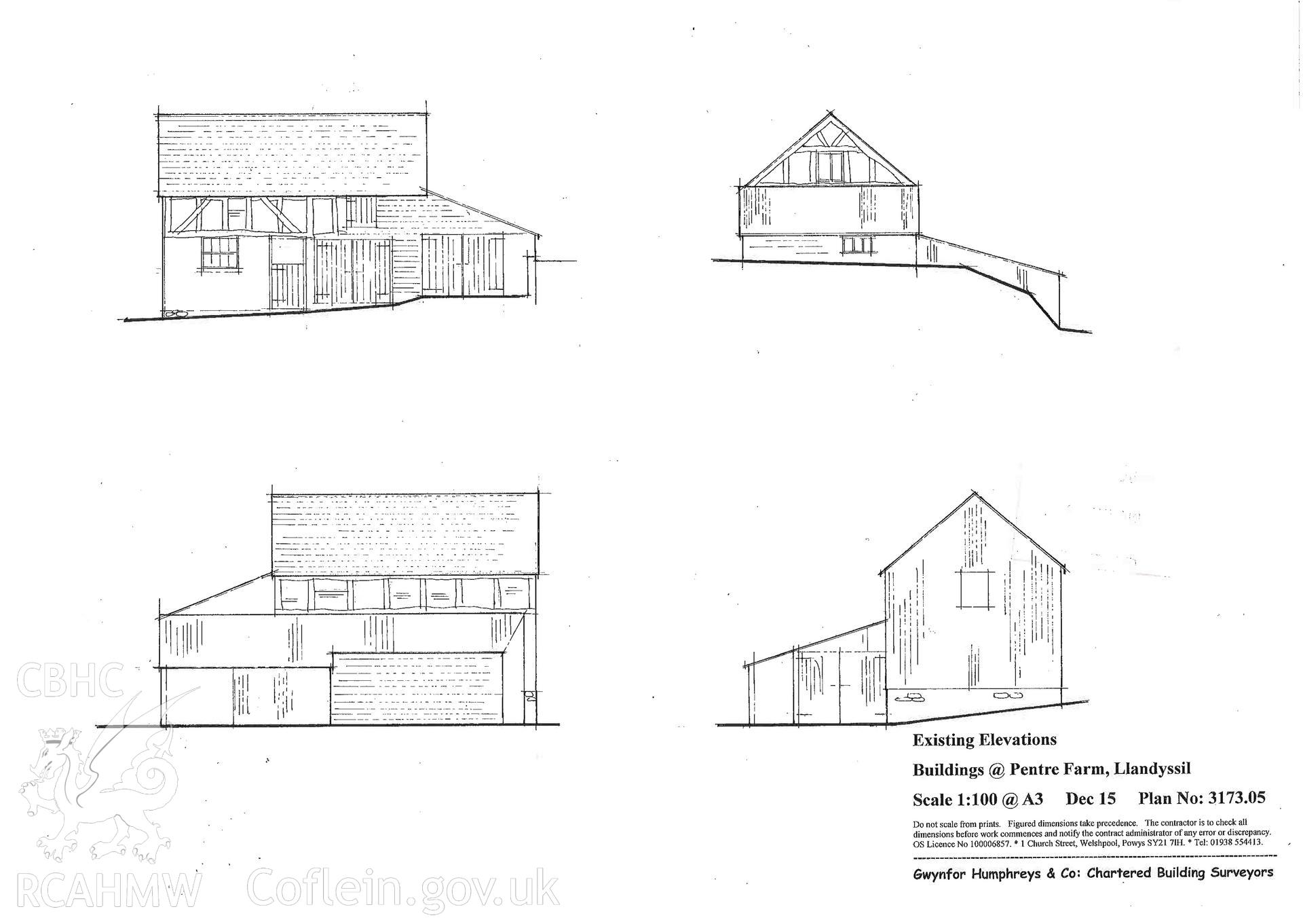 'Existing Elevation - Building B' used as report illustration for CPAT Project 2414: Pentre Barns, Llandyssil, Powys - Building Survey. Prepared by Kate Pack of Clwyd Powys Archaeological Trust, 2019. Report no. 1694.
