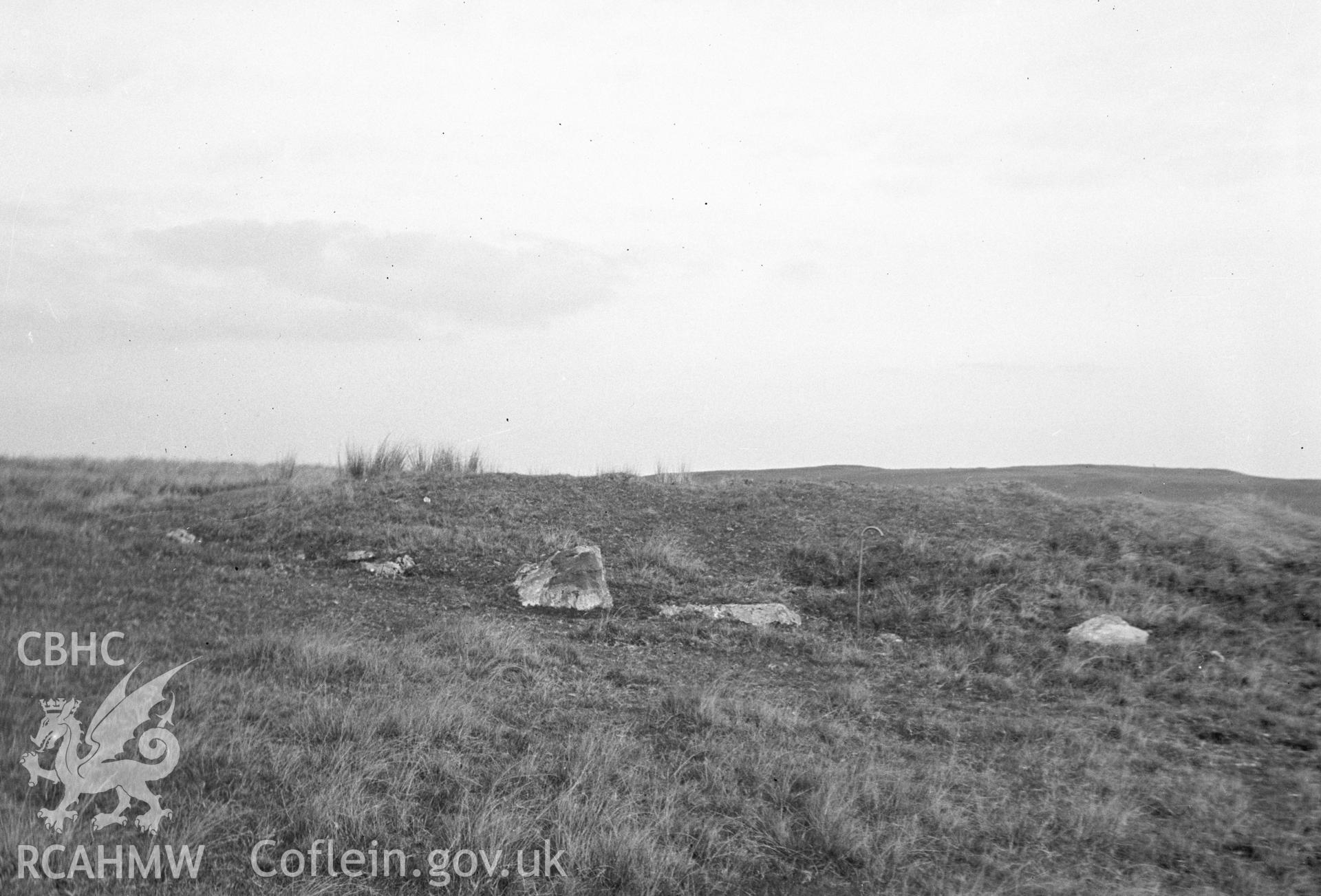 Digital copy of a nitrate negative showing view of Clap yr Arian Cairn.