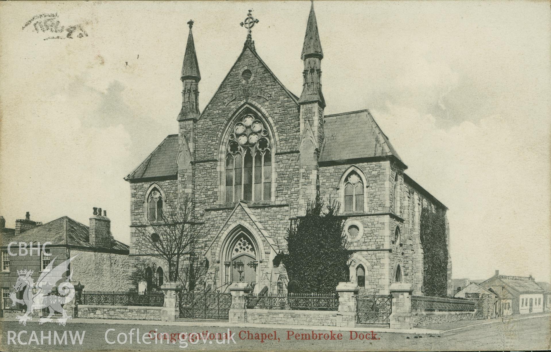 Digital copy of monochrome postcard showing exterior view of Albion Square Congregational chapel, Pembroke Dock. Franked on 23rd July 1906. Loaned for copying by Thomas Lloyd.