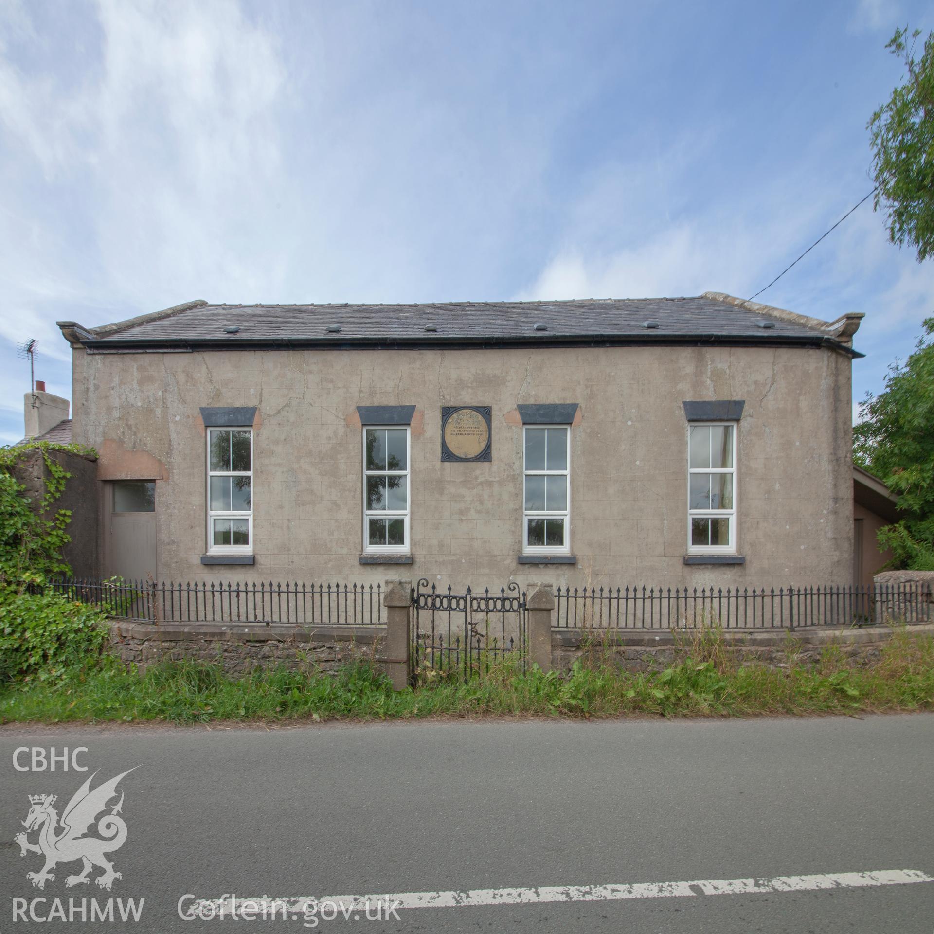 Colour photograph showing side elevation of Salem Welsh Wesleyan Methodist Chapel, Eryrs, Llanarmon-yr-Ial, near Mold. Photographed by Richard Barrett on 4th August 2018.