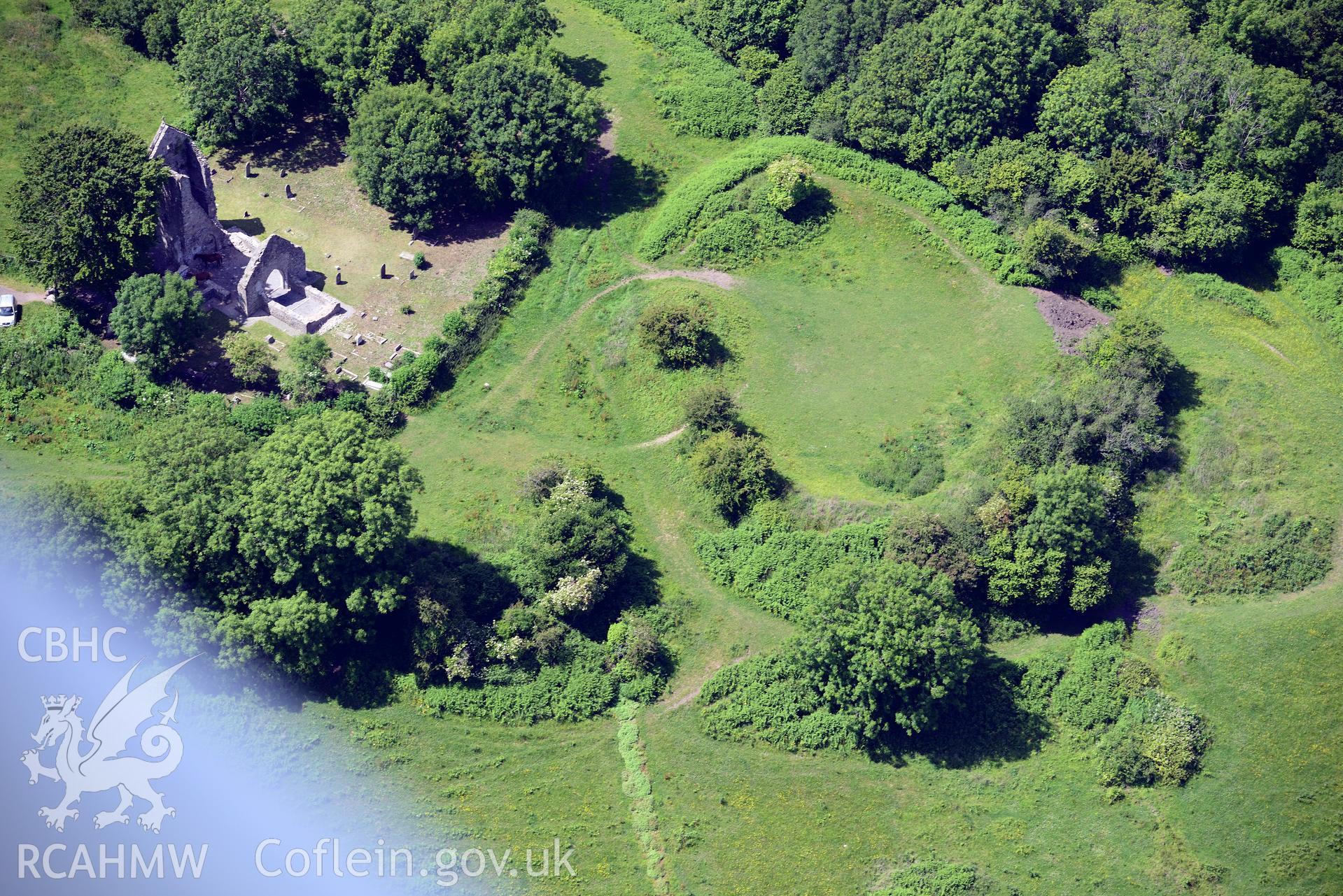 Caerau Castle Ringwork, Caerau Hillfort and the remains of St. Mary's Church, near Cardiff. Oblique aerial photograph taken during the Royal Commission's programme of archaeological aerial reconnaissance by Toby Driver on 29th June 2015.