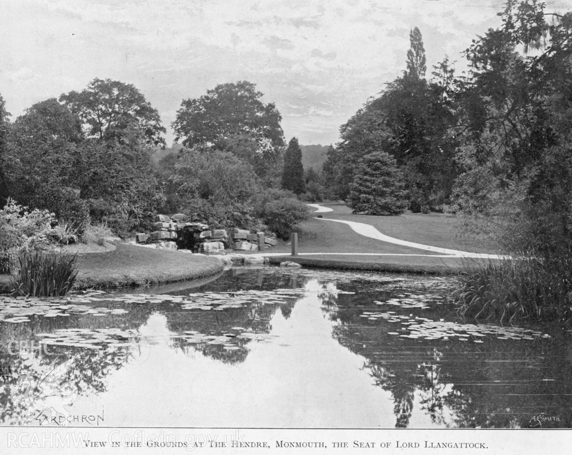 Digital copy of a black and white photograph from The Gardeners'Chronicle showing view in the grounds at The Hendre, Monmouth.