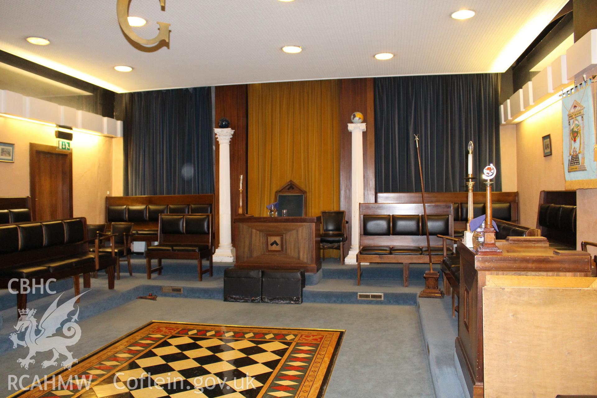 Interior view of former United Free Methodist Church, now a Masonic Temple, in Cardiff. Photograph taken during survey conducted by Sue Fielding of the RCAHMW, 11th March 2019.