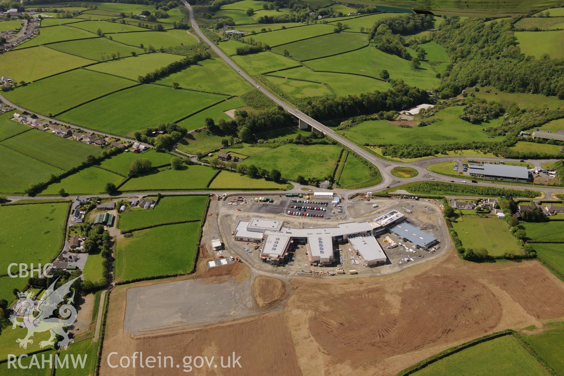 Ysgol Bro Teifi and Llandysul bypass. Oblique aerial photograph taken during the Royal Commission's programme of archaeological aerial reconnaissance by Toby Driver on 3rd June 2015.