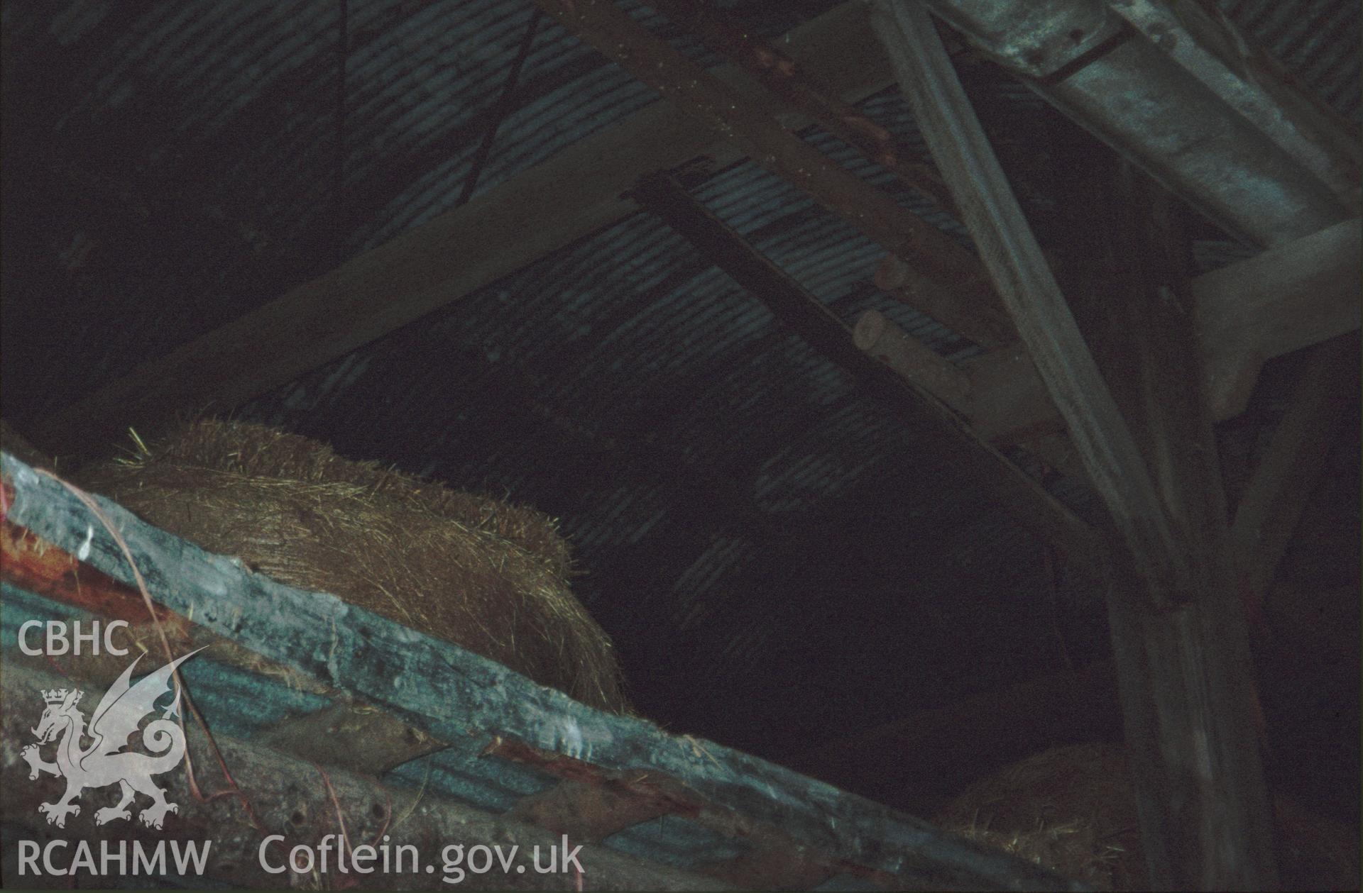 Digital copy of a colour slide showing interior roof structure at Pilleth Court Farm Building.