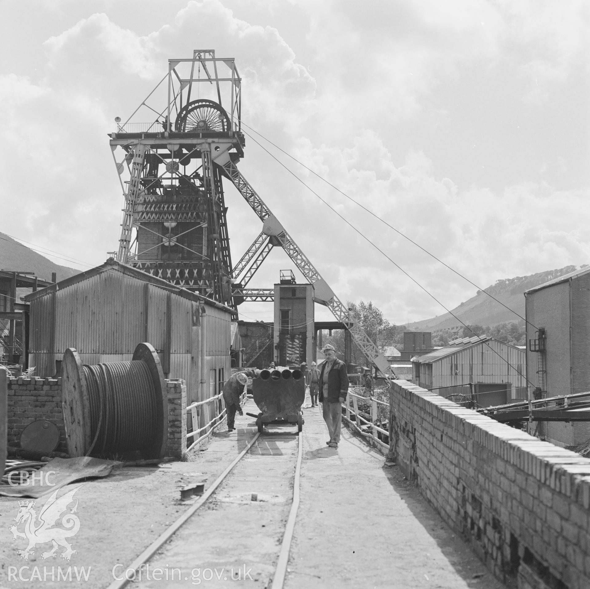 Digital copy of an acetate negative showing afternoon shift at Taff Colliery, from the John Cornwell Collection.