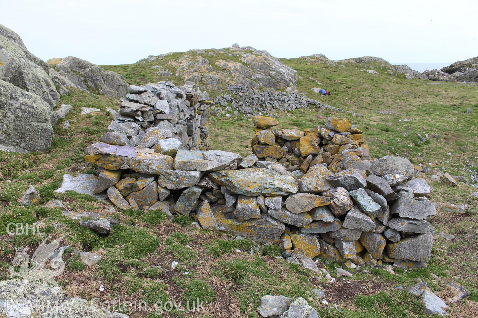 Skerries buoy keeper's cottage or stone shelter. Investigator's photographic survey for the CHERISH Project. ? Crown: CHERISH PROJECT 2018. Produced with EU funds through the Ireland Wales Co-operation Programme 2014-2020. All material made freely available through the Open Government Licence.