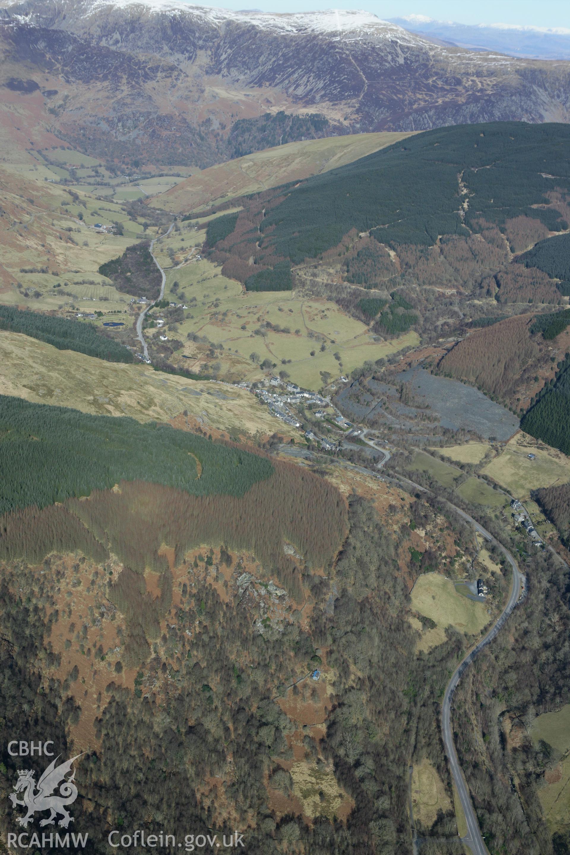 RCAHMW colour oblique photograph of Abercwmeiddaw slate quarries, with Corris Uchaf below. Taken by Toby Driver on 08/03/2010.