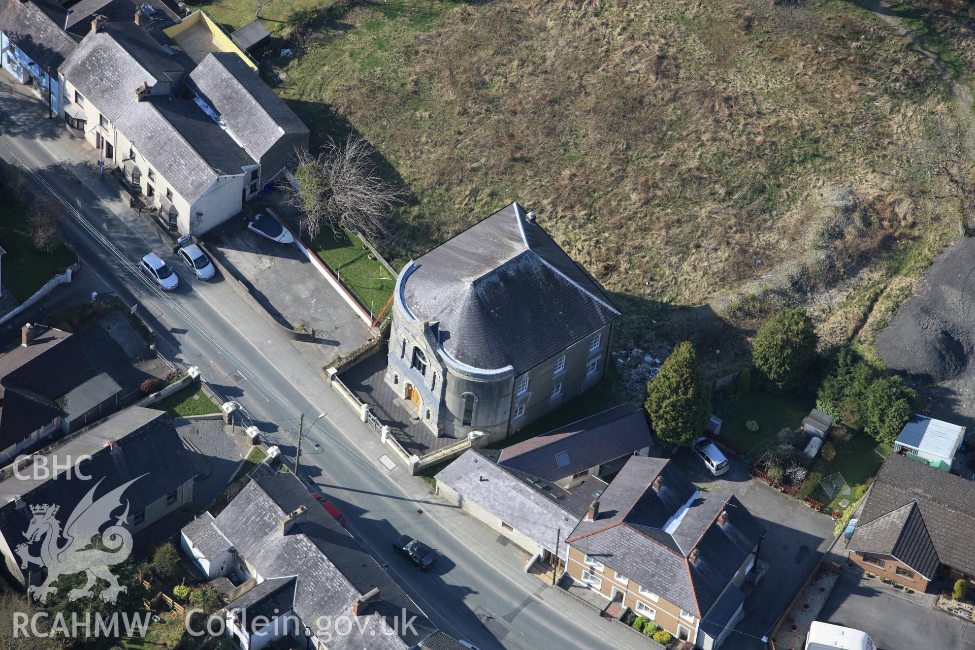 RCAHMW colour oblique aerial photograph of Ebeneser Independent Chapel, Ebenezer Street, Newcastle Emlyn. Taken on 13 April 2010 by Toby Driver