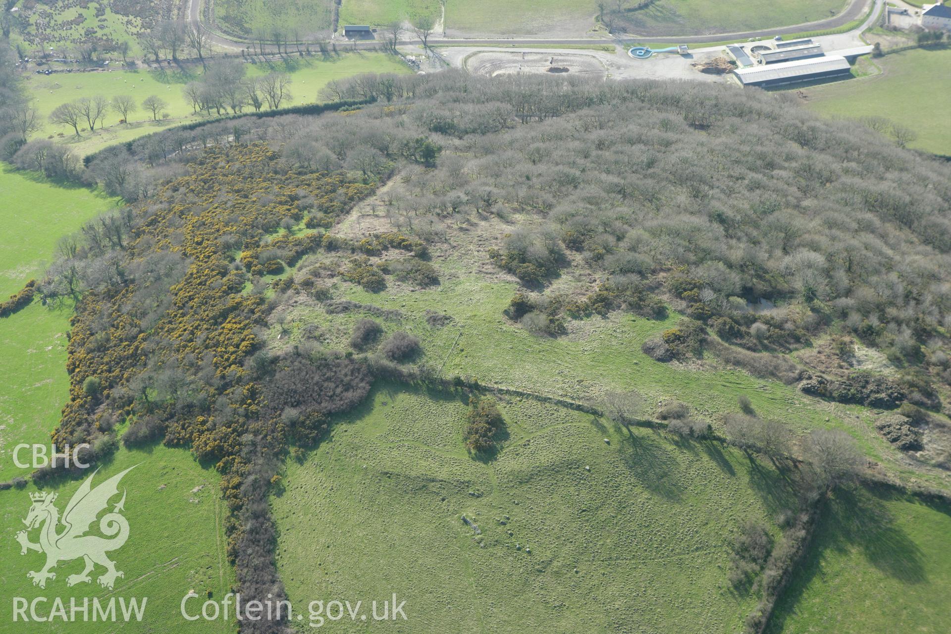 RCAHMW colour oblique aerial photograph of Danycerrig Defended Enclosure. Taken on 13 April 2010 by Toby Driver