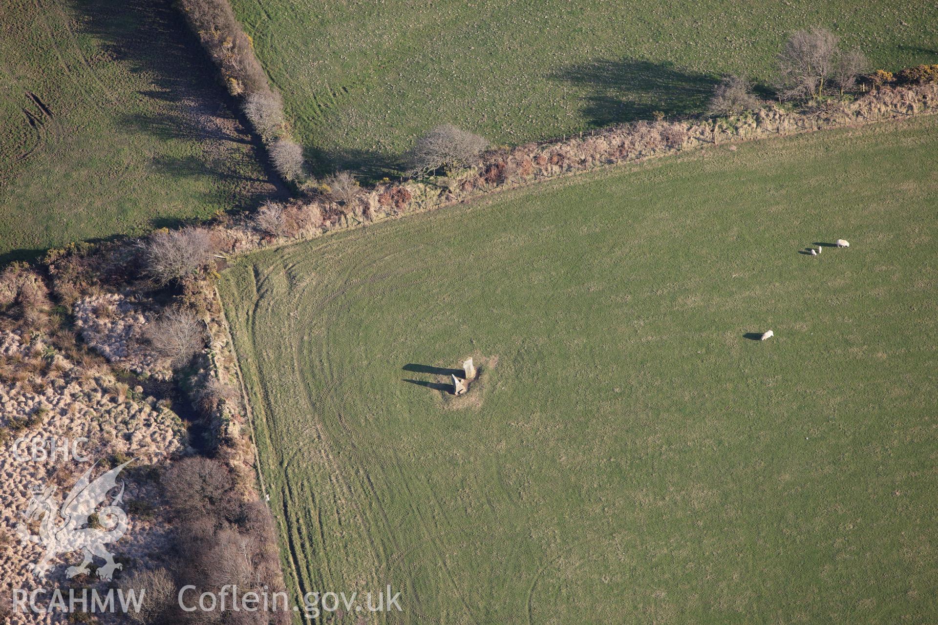 RCAHMW colour oblique aerial photograph of the two standing stones at Yr Allor, Glandy Cross. Taken on 13 April 2010 by Toby Driver