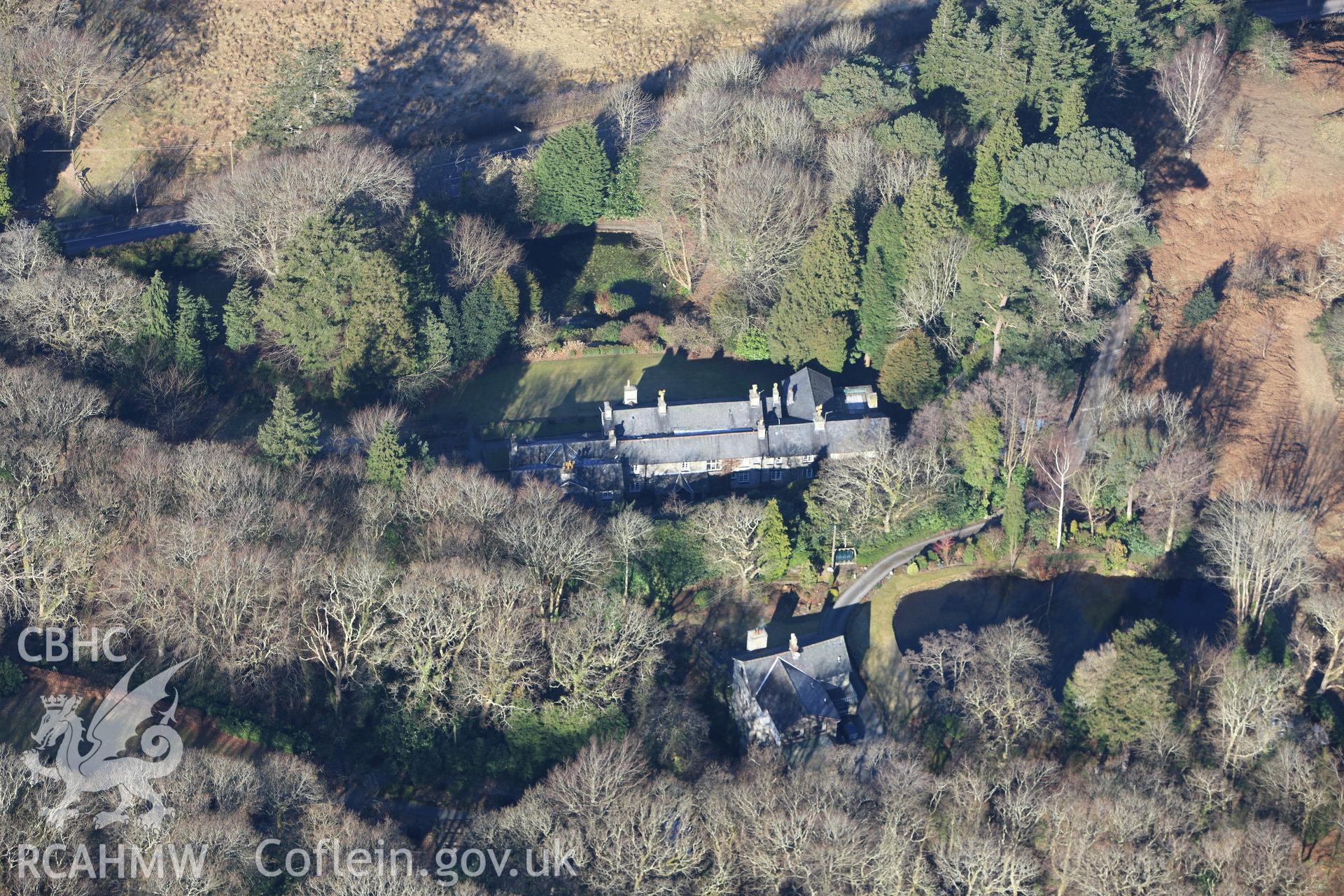 RCAHMW colour oblique photograph of Voelas Hall, Glandyfi. Taken by Toby Driver on 08/03/2010.