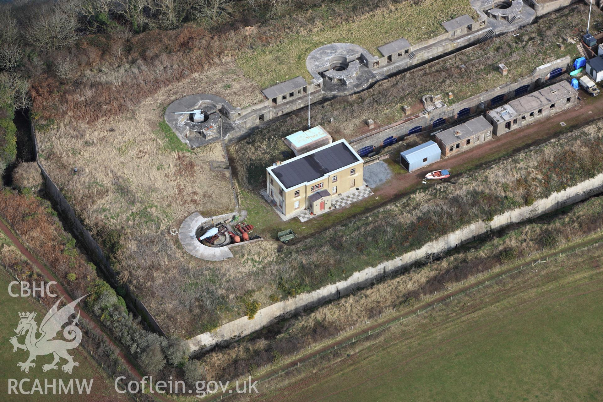 RCAHMW colour oblique aerial photograph of Chapel Bay Fort. Taken on 02 March 2010 by Toby Driver