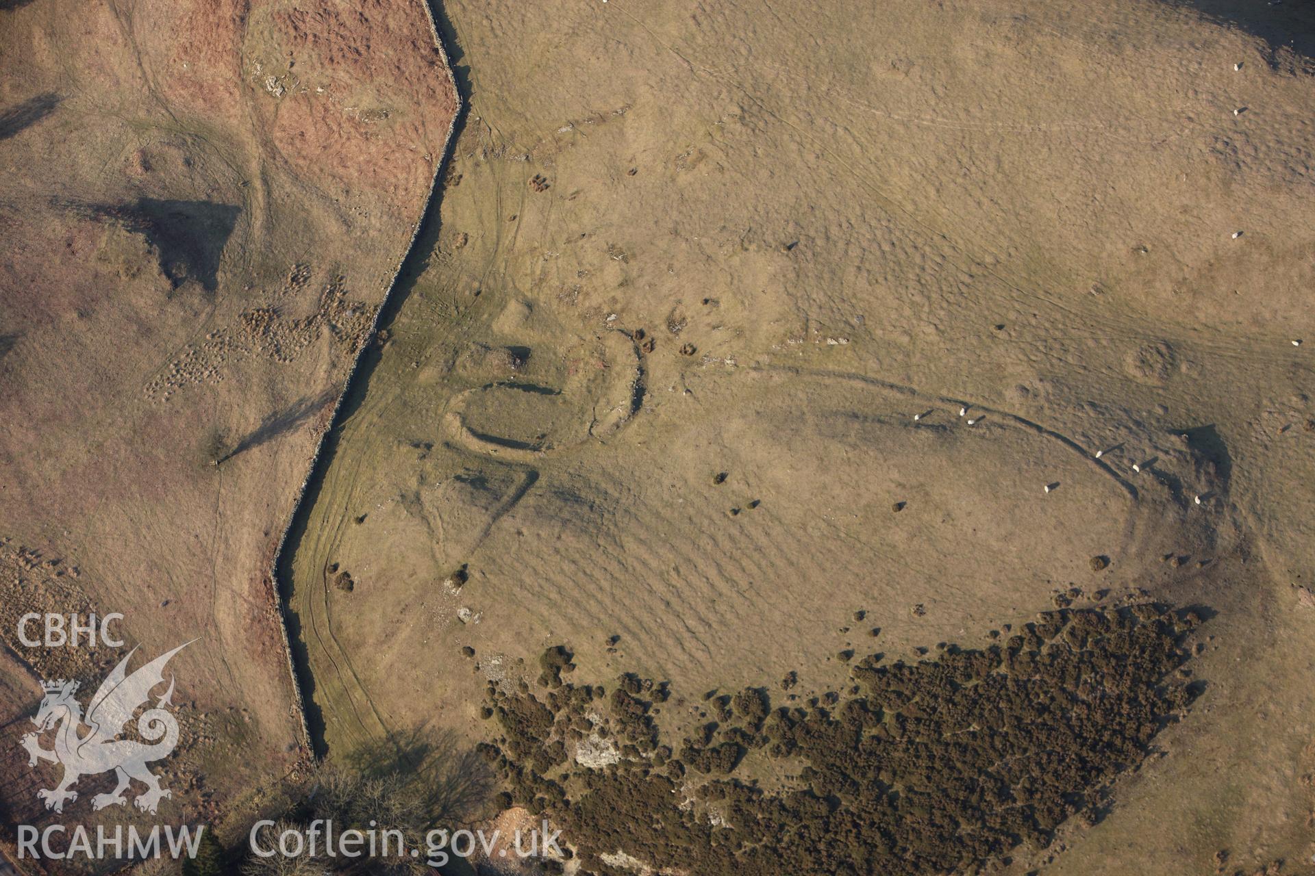 RCAHMW colour oblique photograph of Upper House, platform house and deserted settlement. Taken by Toby Driver on 11/03/2010.
