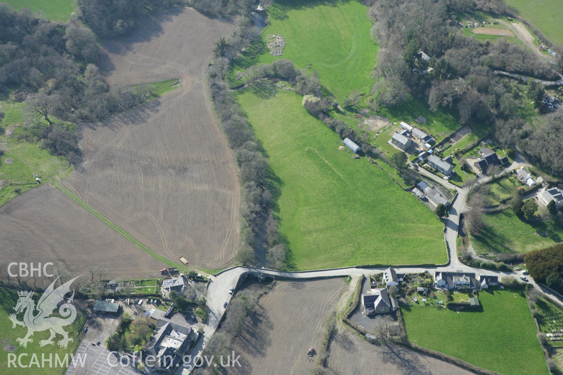 RCAHMW colour oblique aerial photograph of earthworks at Pwll-y-Botel, Nevern. Taken on 13 April 2010 by Toby Driver