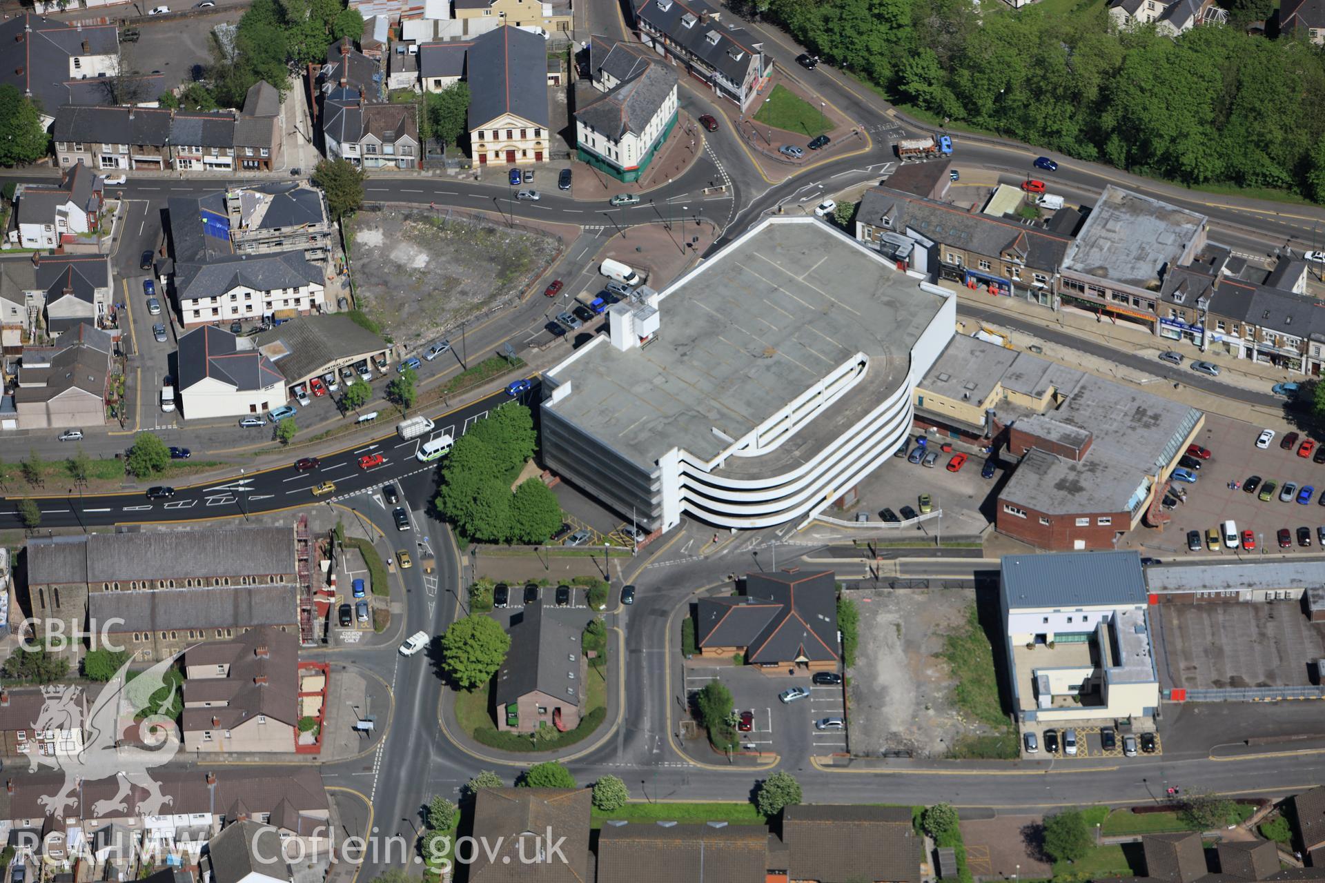 RCAHMW colour oblique photograph of Libanus Congregational Church, with Ebbw Vale multi-storey car park in the foreground. Taken by Toby Driver on 24/05/2010.