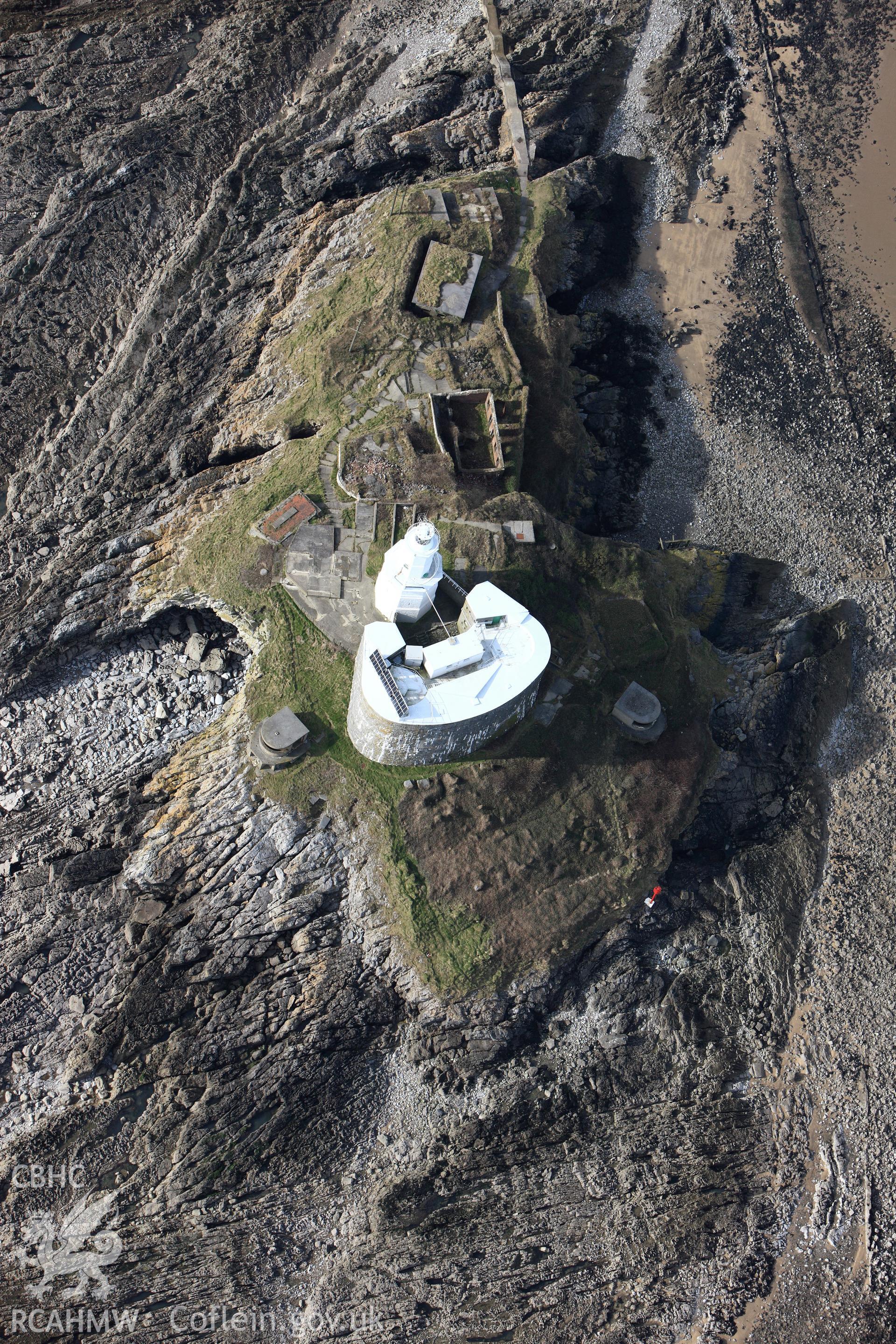 RCAHMW colour oblique photograph of Mumbles Lighthouse, Mumbles, Oystermouth;Mumbles Battery. Taken by Toby Driver on 02/03/2010.