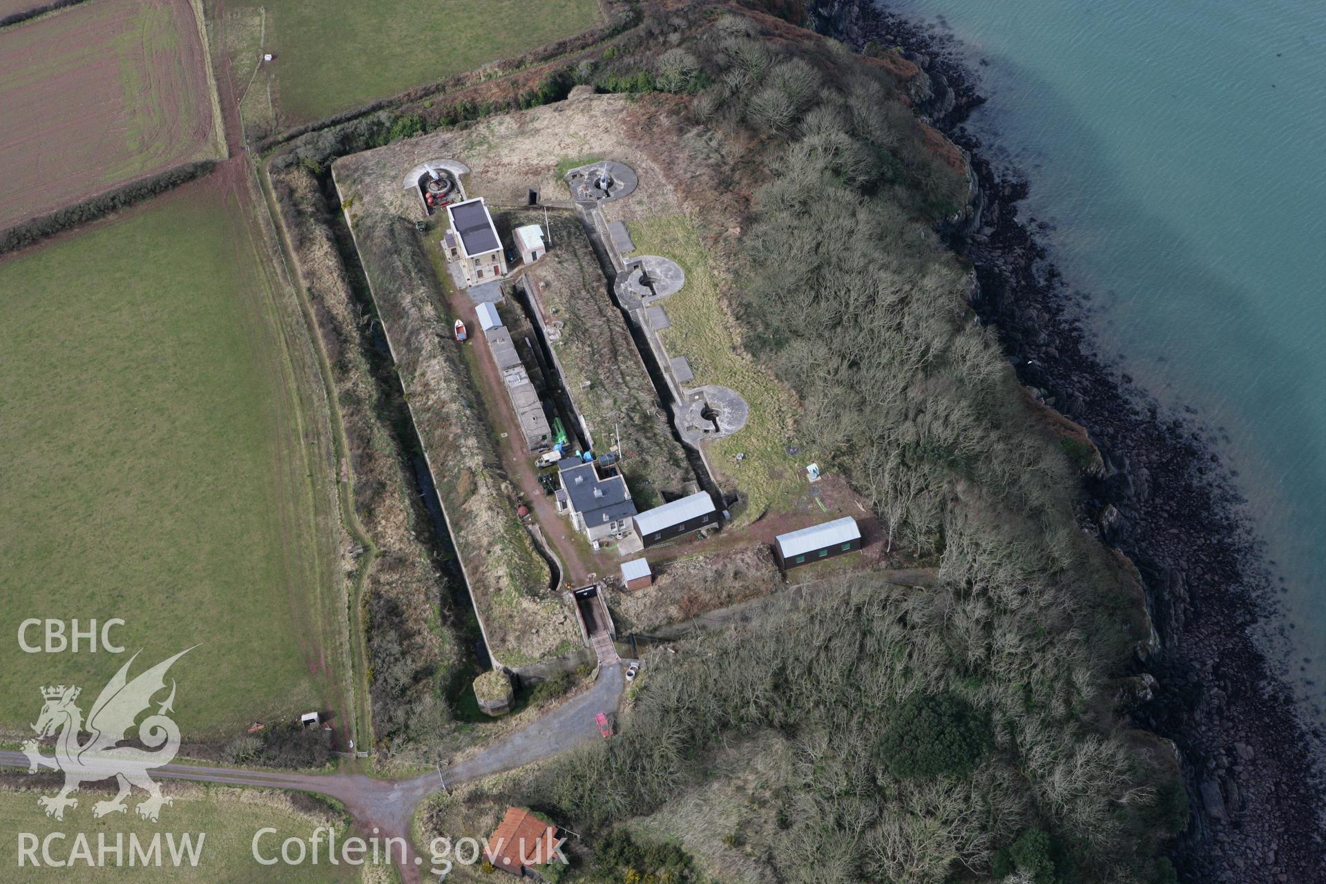 RCAHMW colour oblique aerial photograph of Chapel Bay Fort. Taken on 02 March 2010 by Toby Driver