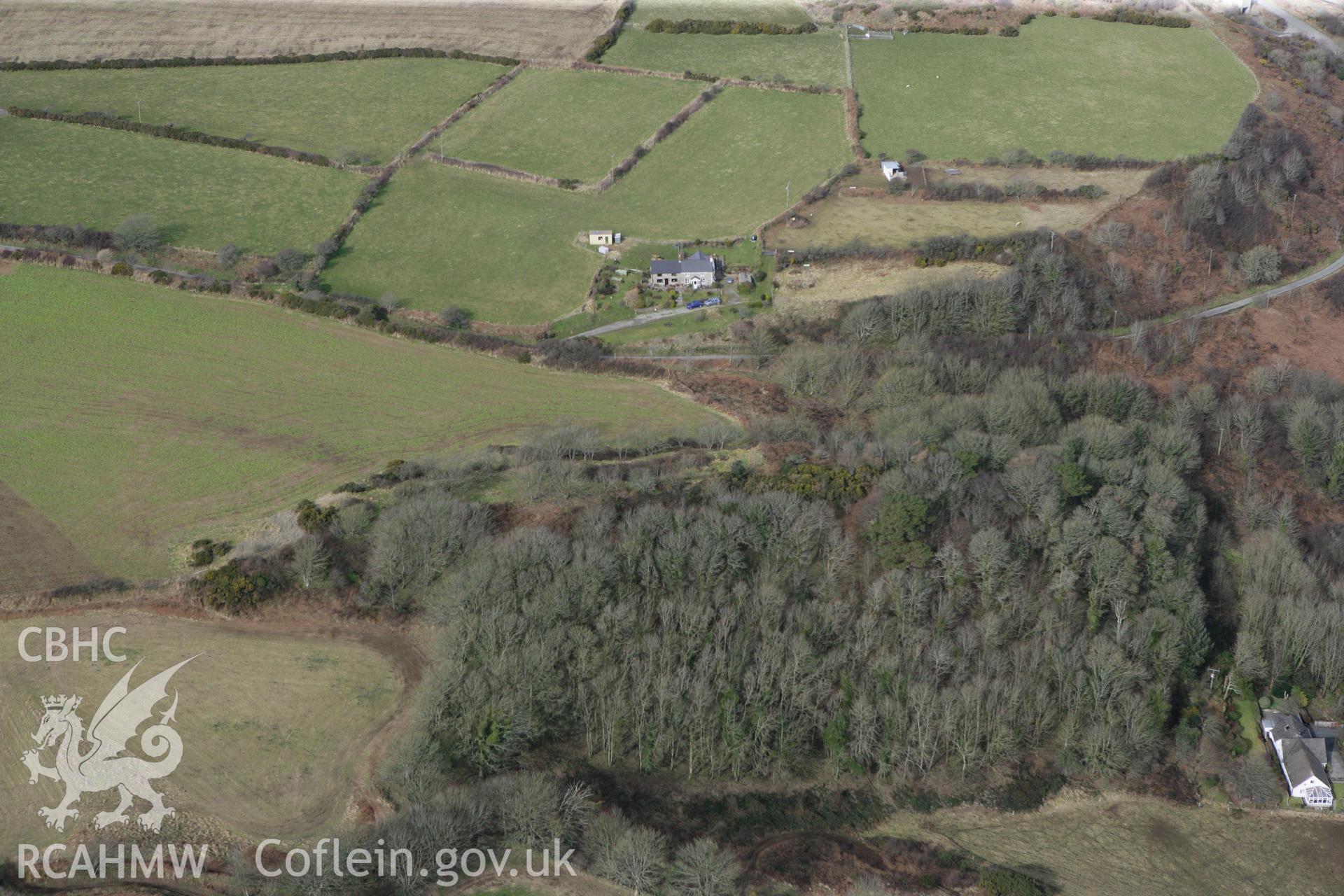 RCAHMW colour oblique aerial photograph of the defended enclosure at Y-Castell, Henre Ruffydd. Taken on 02 March 2010 by Toby Driver