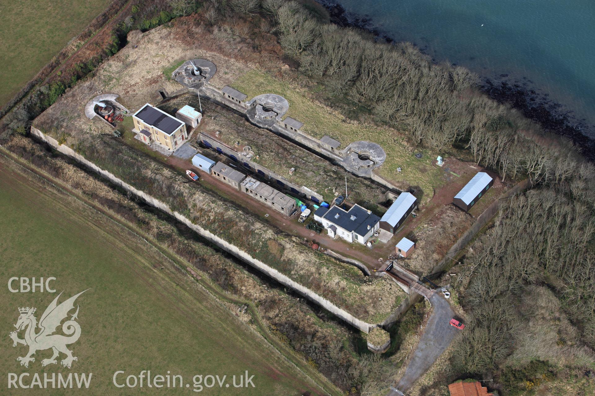 RCAHMW colour oblique aerial photograph of Chapel Bay Fort. Taken on 02 March 2010 by Toby Driver