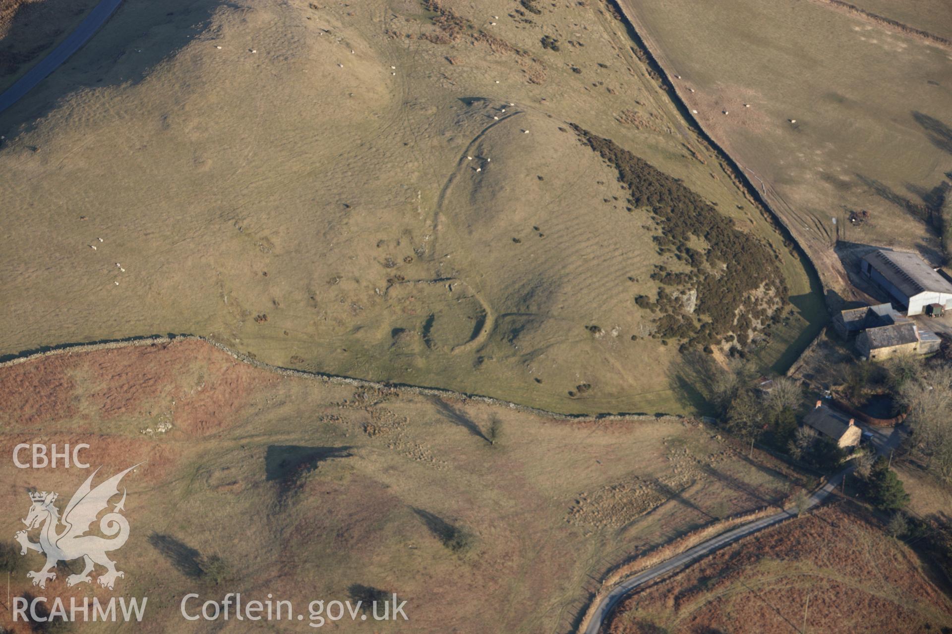 RCAHMW colour oblique photograph of Upper House, platform house and deserted settlement. Taken by Toby Driver on 11/03/2010.